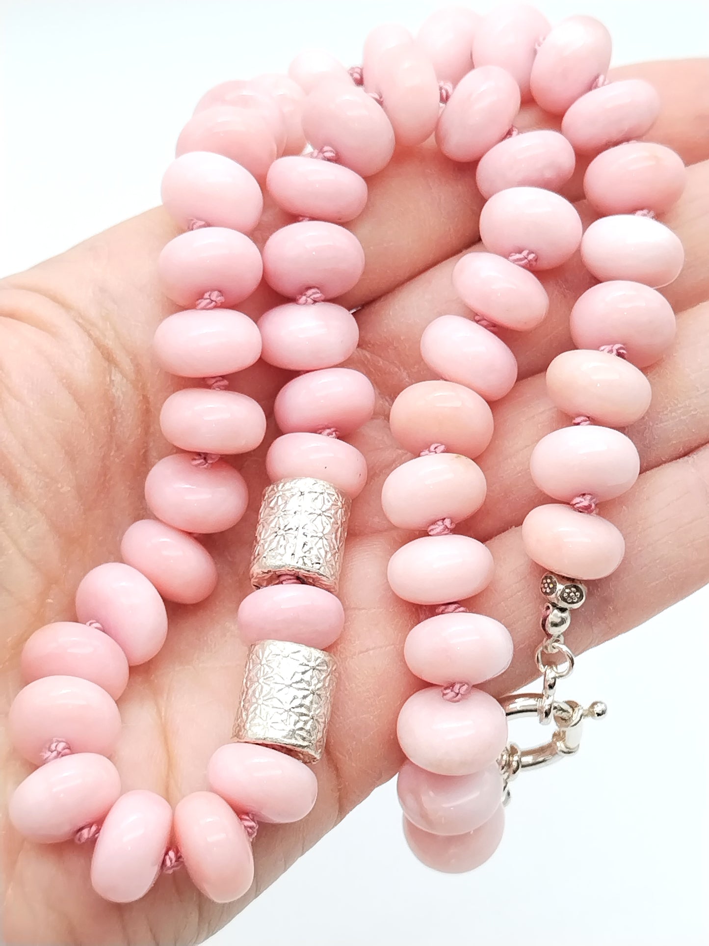 Chunky Peruvian Pink Opal Necklace | Elegant Rondelle Silk Knotted Jewelry with Sterling Silver Flower Barrel Accents