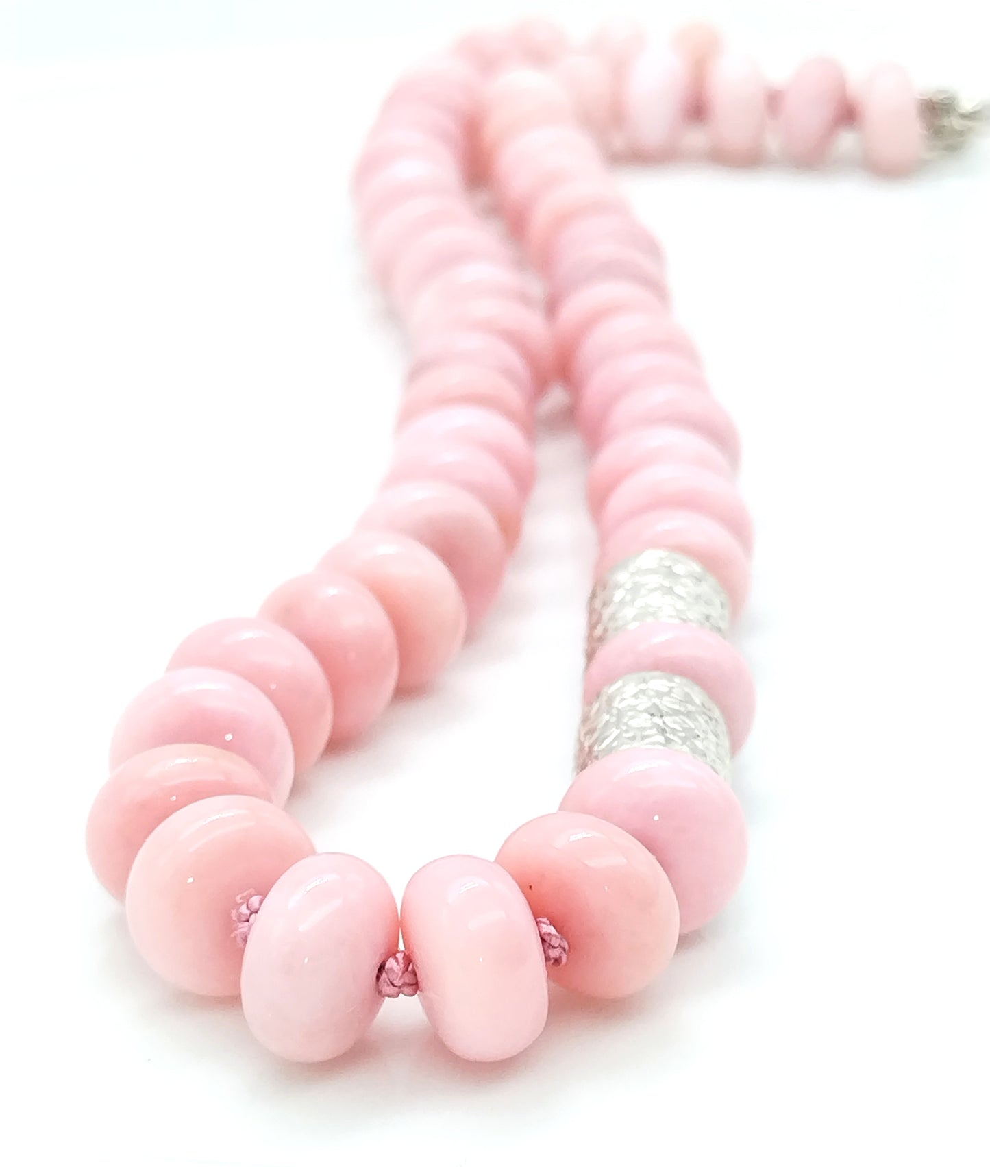 Chunky Peruvian Pink Opal Necklace | Elegant Rondelle Silk Knotted Jewelry with Sterling Silver Flower Barrel Accents