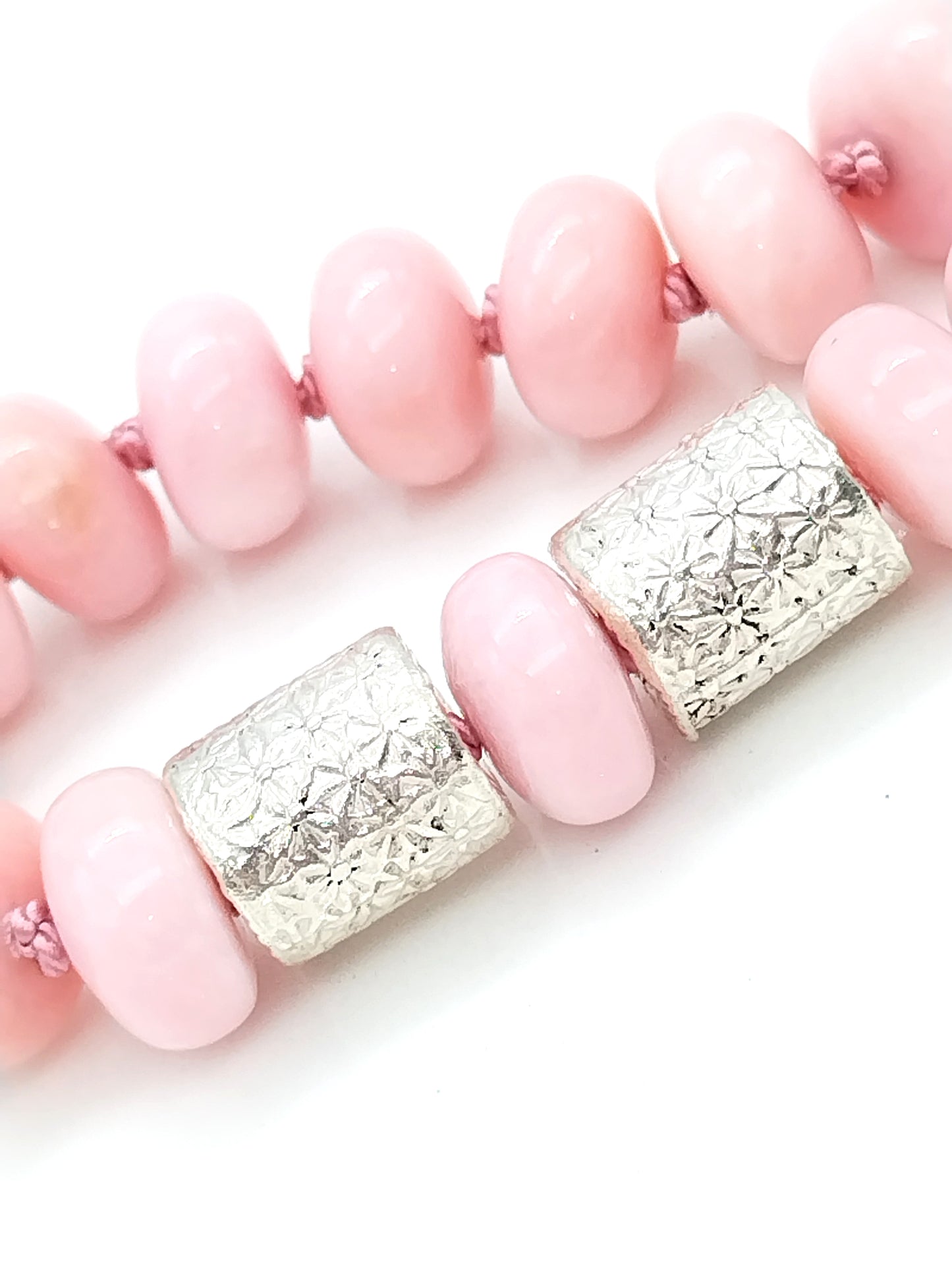 Chunky Peruvian Pink Opal Necklace | Elegant Rondelle Silk Knotted Jewelry with Sterling Silver Flower Barrel Accents