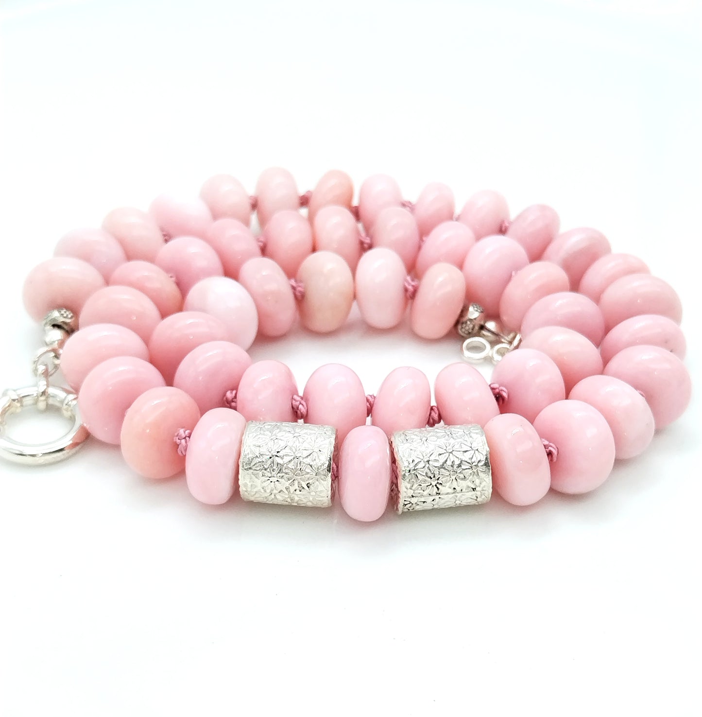 Chunky Peruvian Pink Opal Necklace | Elegant Rondelle Silk Knotted Jewelry with Sterling Silver Flower Barrel Accents