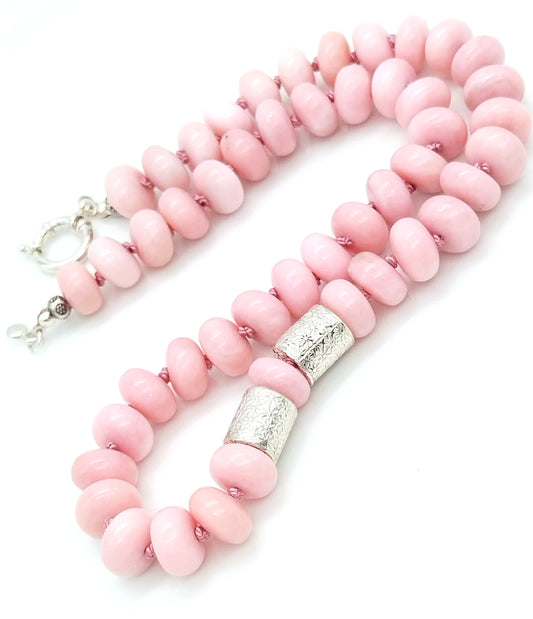 Chunky Peruvian Pink Opal Necklace | Elegant Rondelle Silk Knotted Jewelry with Sterling Silver Flower Barrel Accents