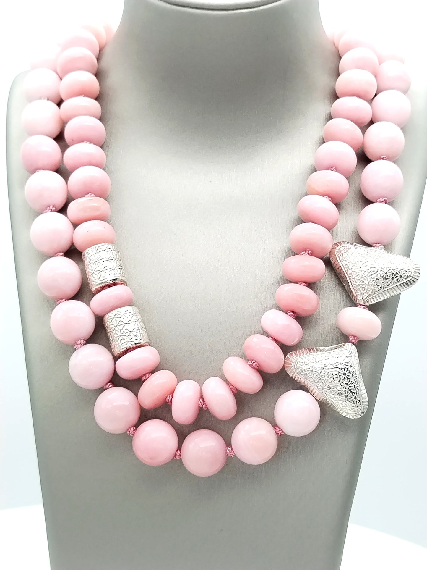 Chunky Peruvian Pink Opal Necklace | Elegant Rondelle Silk Knotted Jewelry with Sterling Silver Flower Barrel Accents