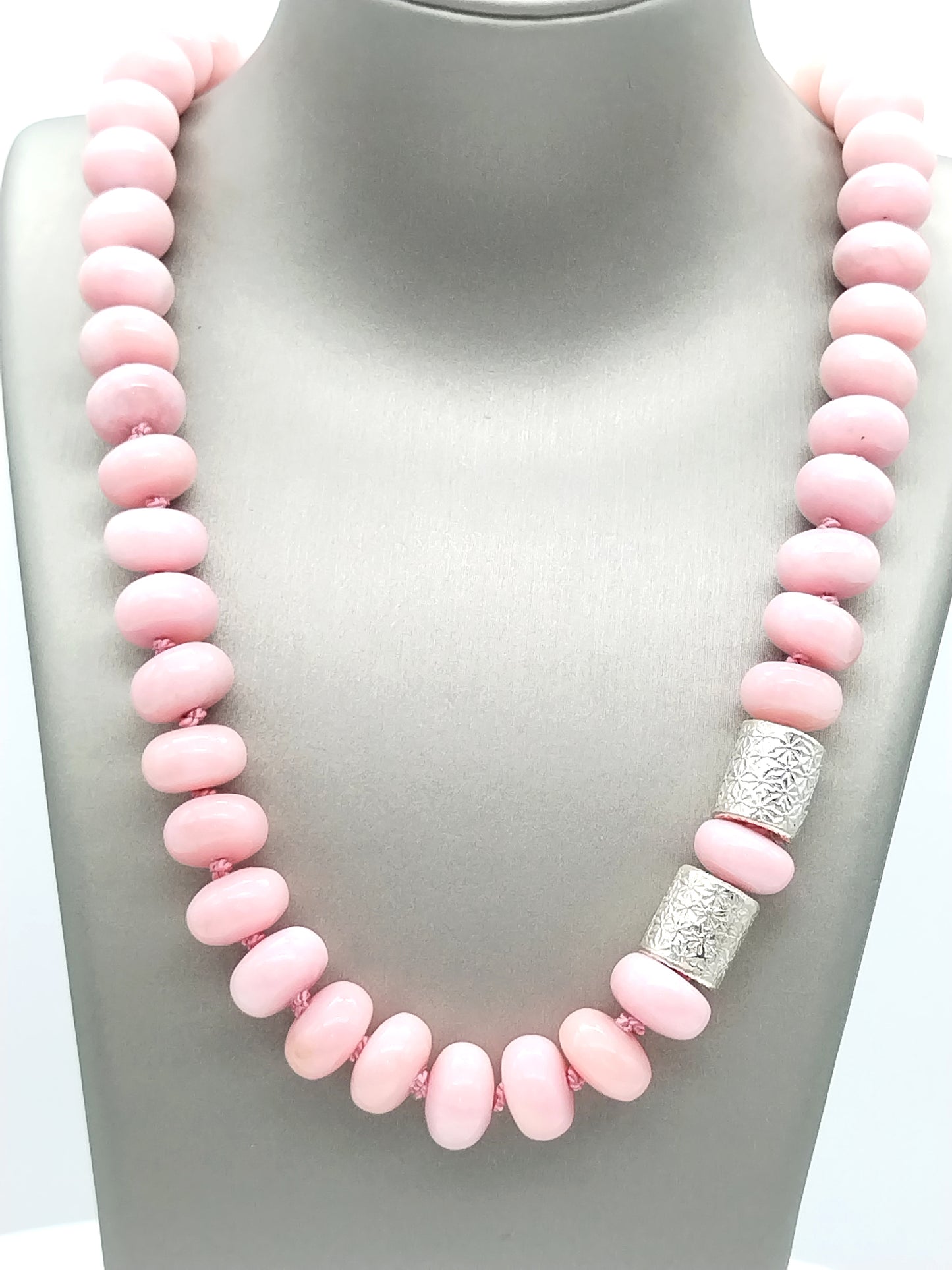 Chunky Peruvian Pink Opal Necklace | Elegant Rondelle Silk Knotted Jewelry with Sterling Silver Flower Barrel Accents