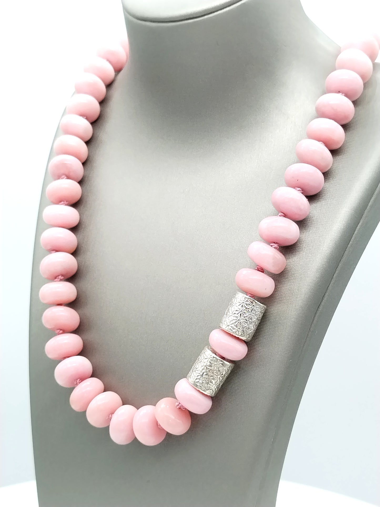 Chunky Peruvian Pink Opal Necklace | Elegant Rondelle Silk Knotted Jewelry with Sterling Silver Flower Barrel Accents