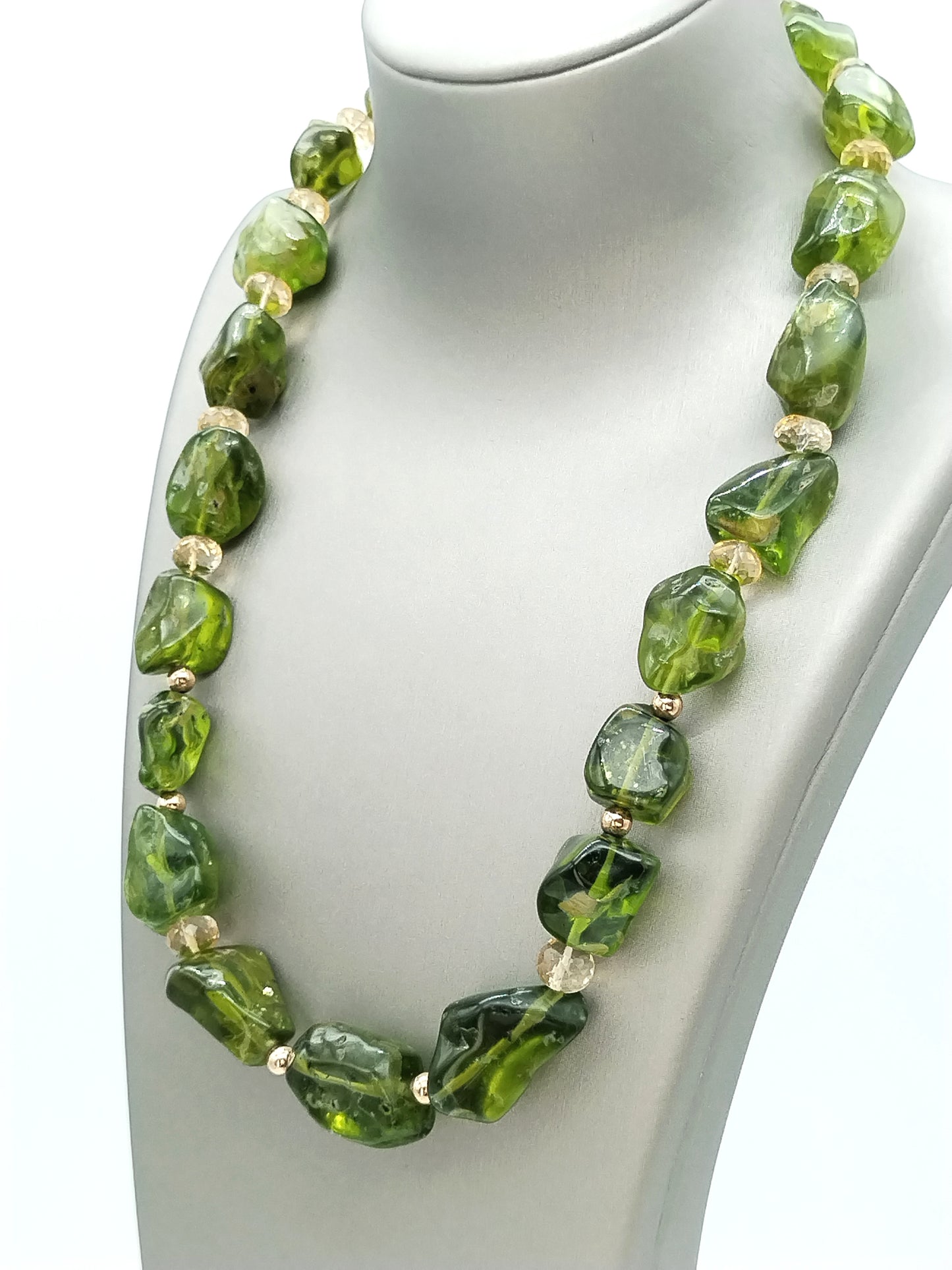 One-of-a-kind chunky peridot necklace with citrine gemstones and solid gold