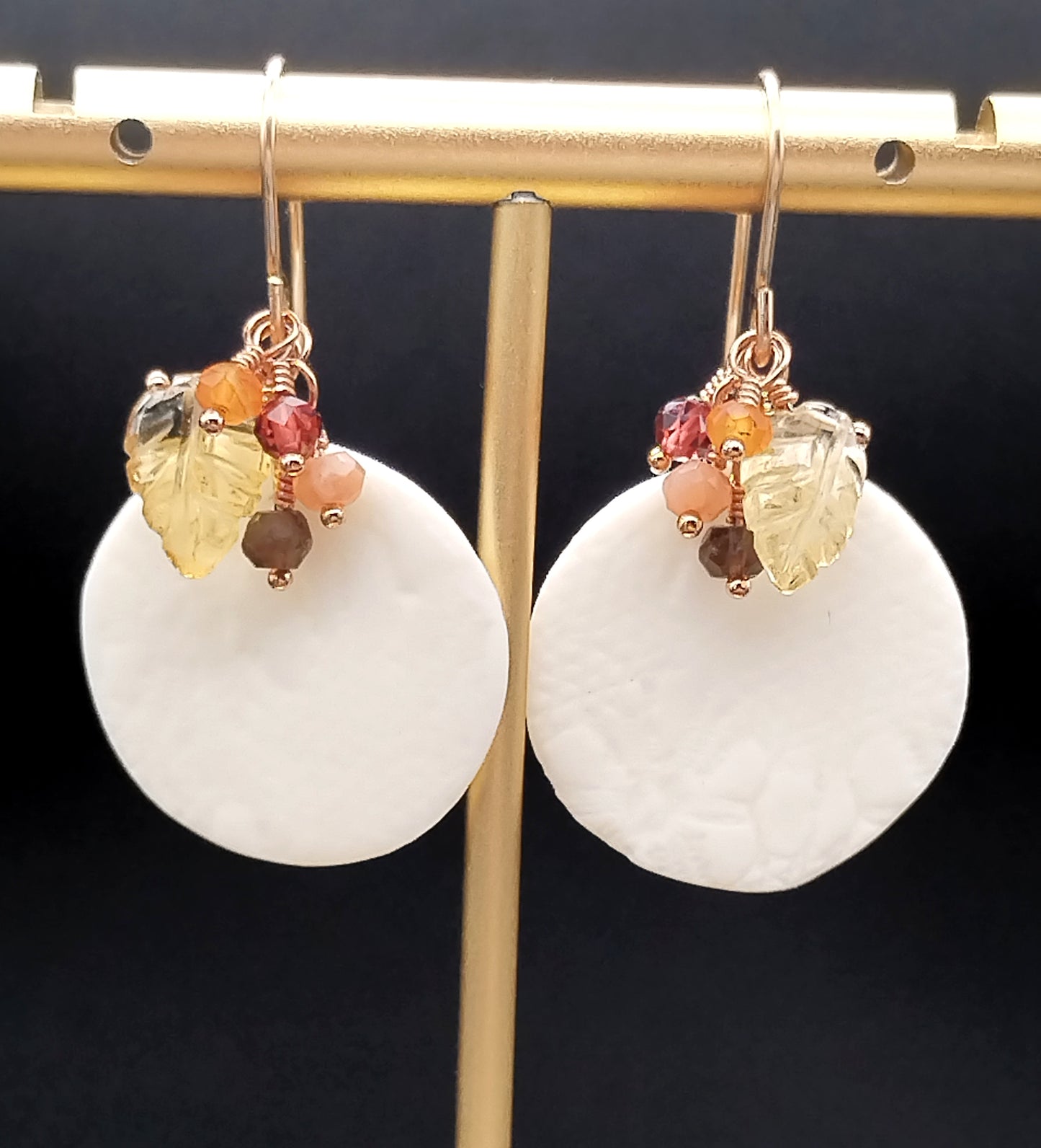 White French Porcelain Disc with Citrine Carved Leaf Earrings - 14k Gold Filled Multi-Gemstone Cluster Dangles