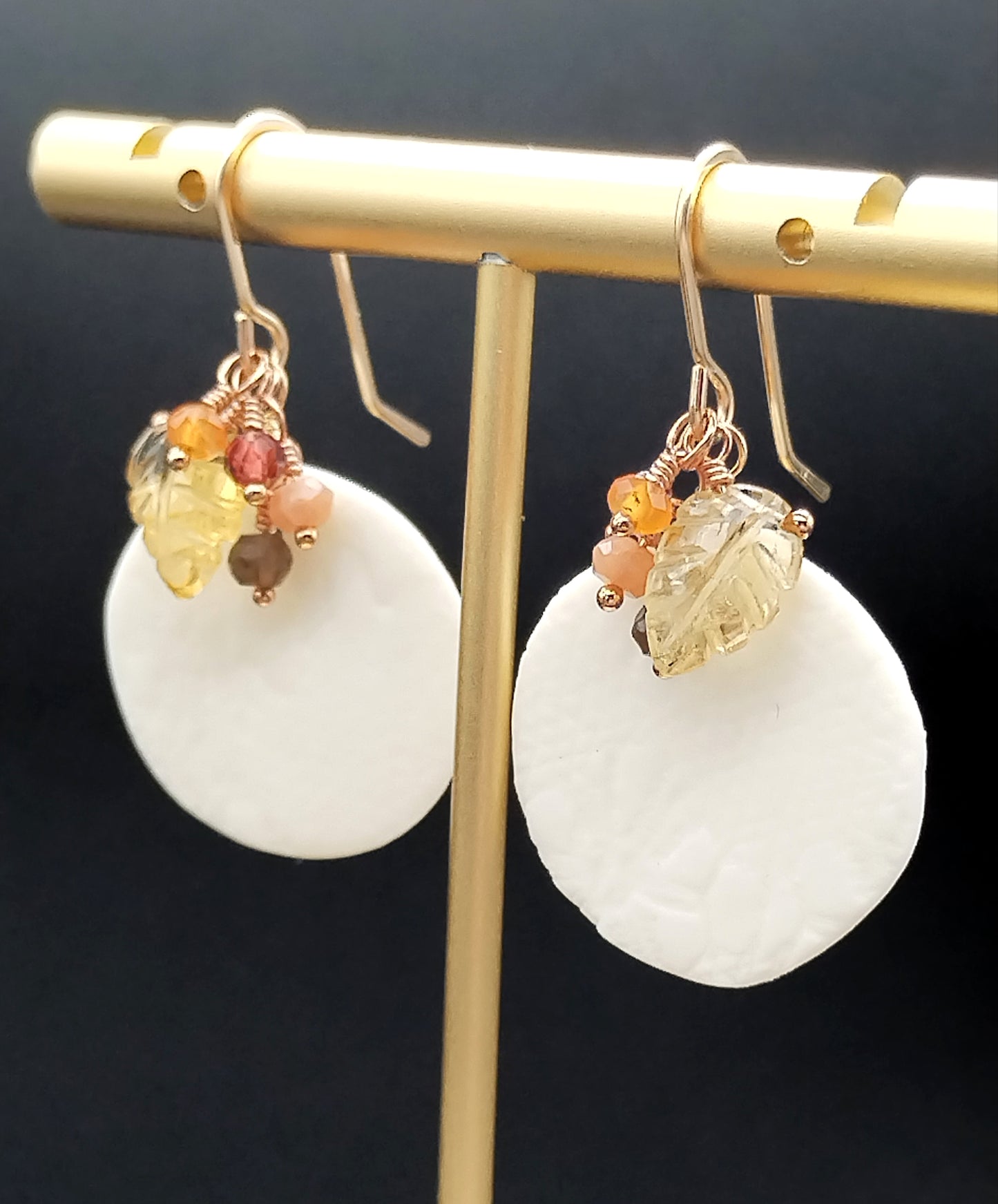 White French Porcelain Disc with Citrine Carved Leaf Earrings - 14k Gold Filled Multi-Gemstone Cluster Dangles