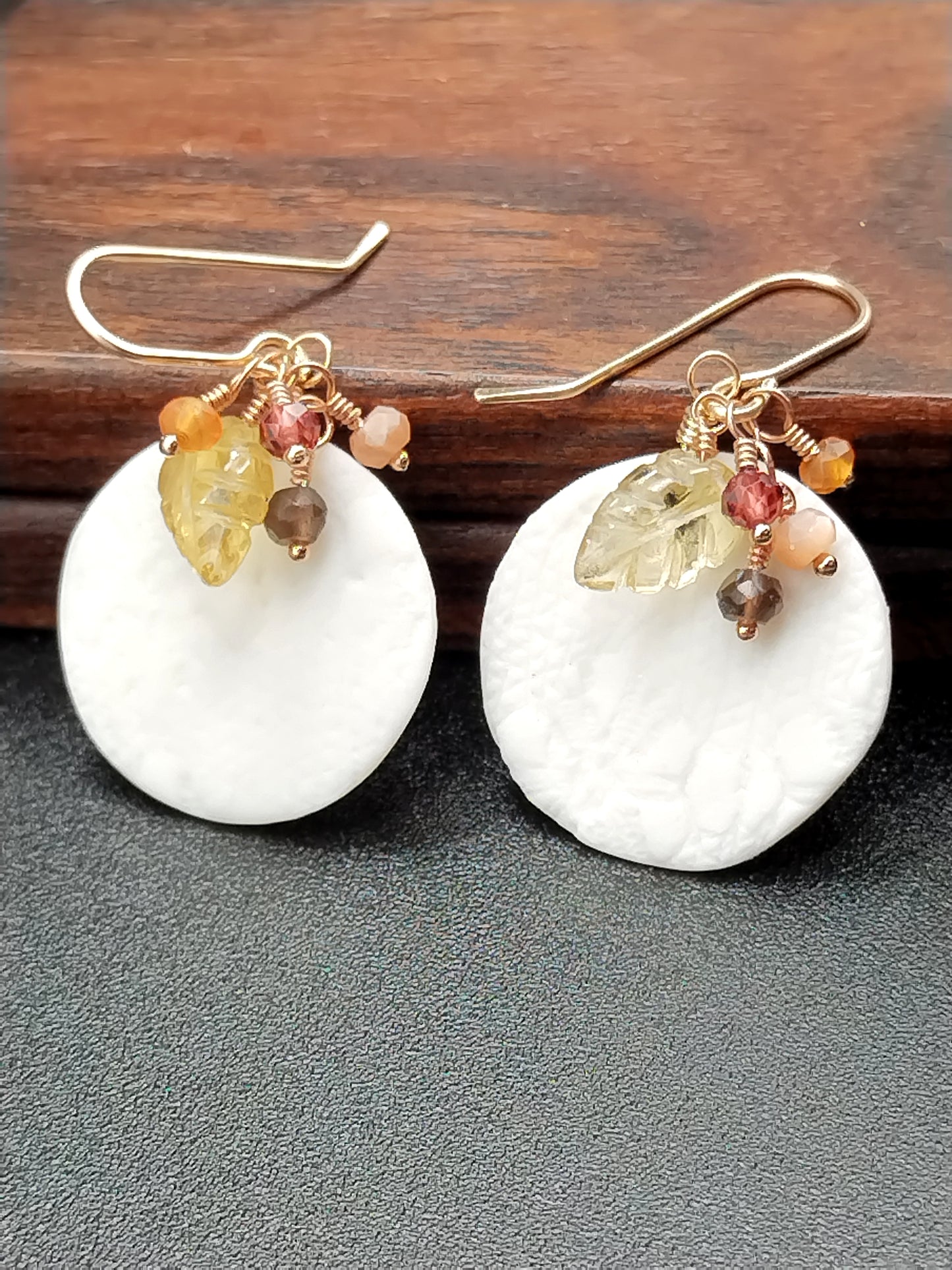 White French Porcelain Disc with Citrine Carved Leaf Earrings - 14k Gold Filled Multi-Gemstone Cluster Dangles
