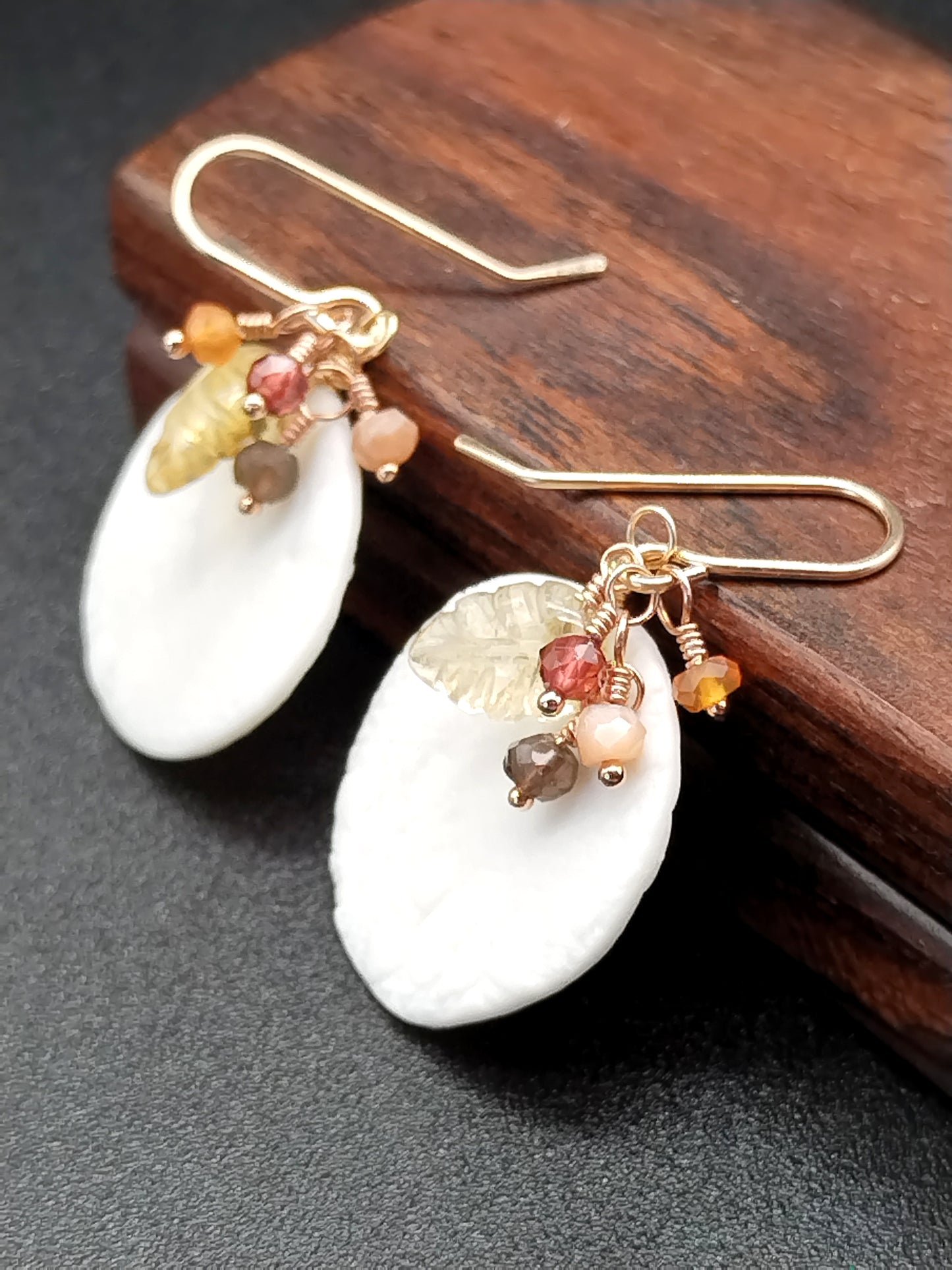 White French Porcelain Disc with Citrine Carved Leaf Earrings - 14k Gold Filled Multi-Gemstone Cluster Dangles