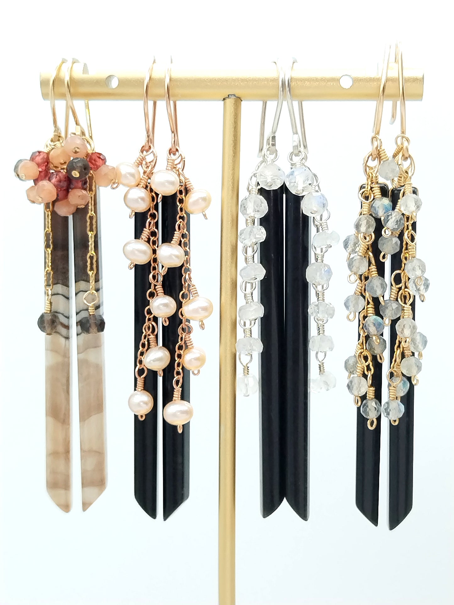 Black Obsidian & Labradorite Stick Earrings - 14k Gold Filled Long Dangle Earrings