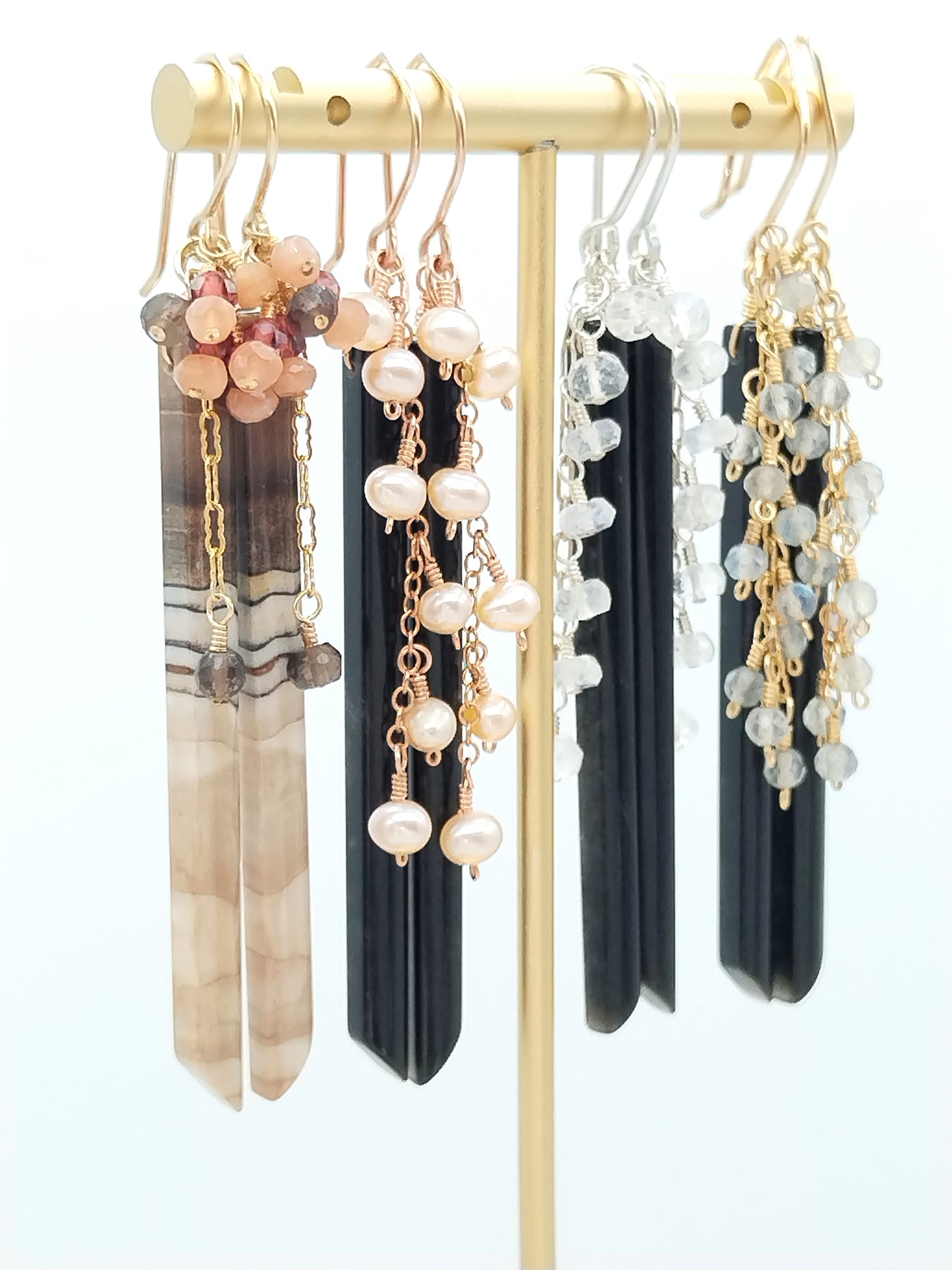14k Gold Filled Gemstone Dangle Earrings - Obsidian & Pearl Stick Earrings