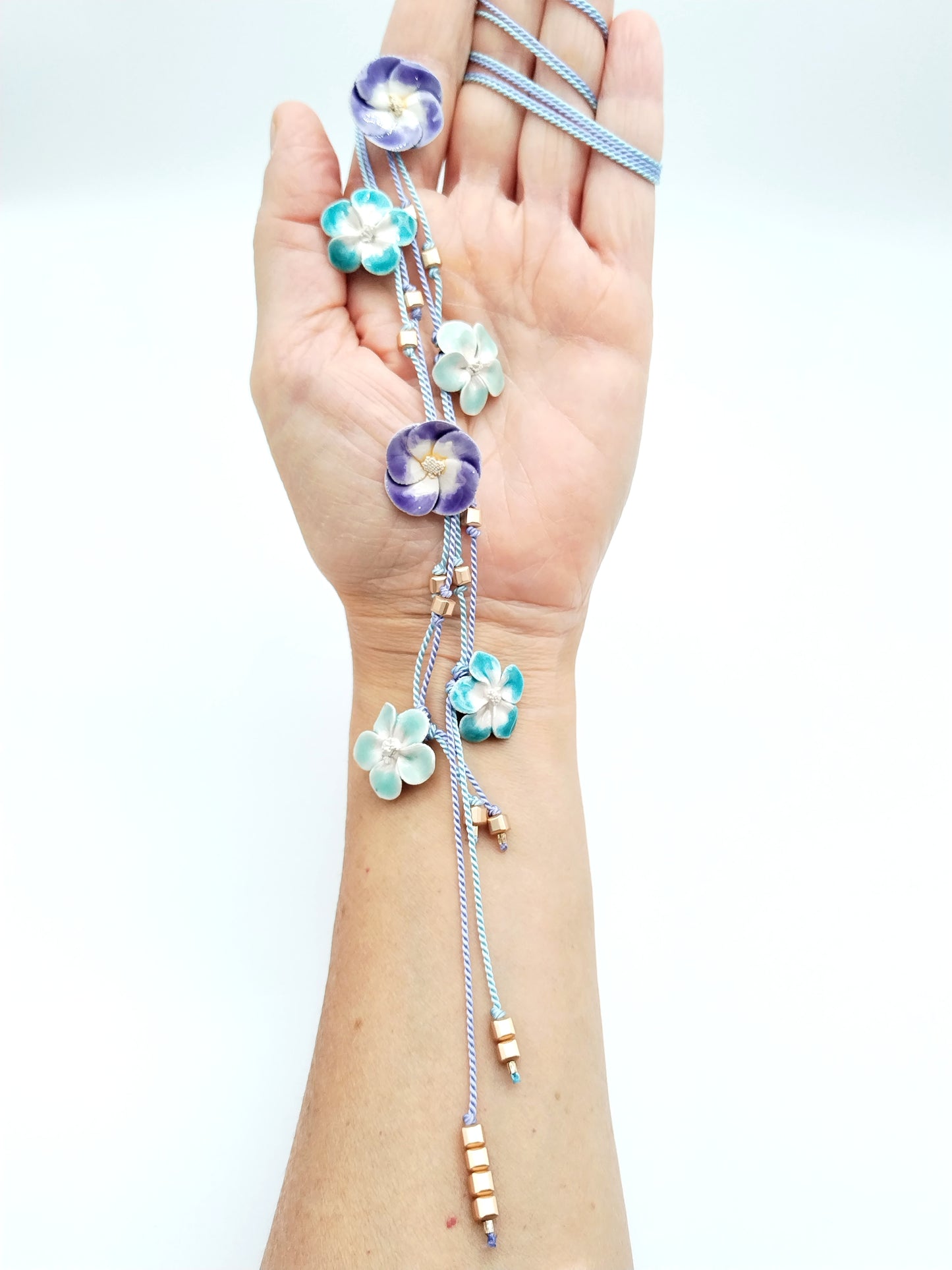 French Ceramic Flower Open Necklace - Pastel Purple & Turquoise Silk Lariat
