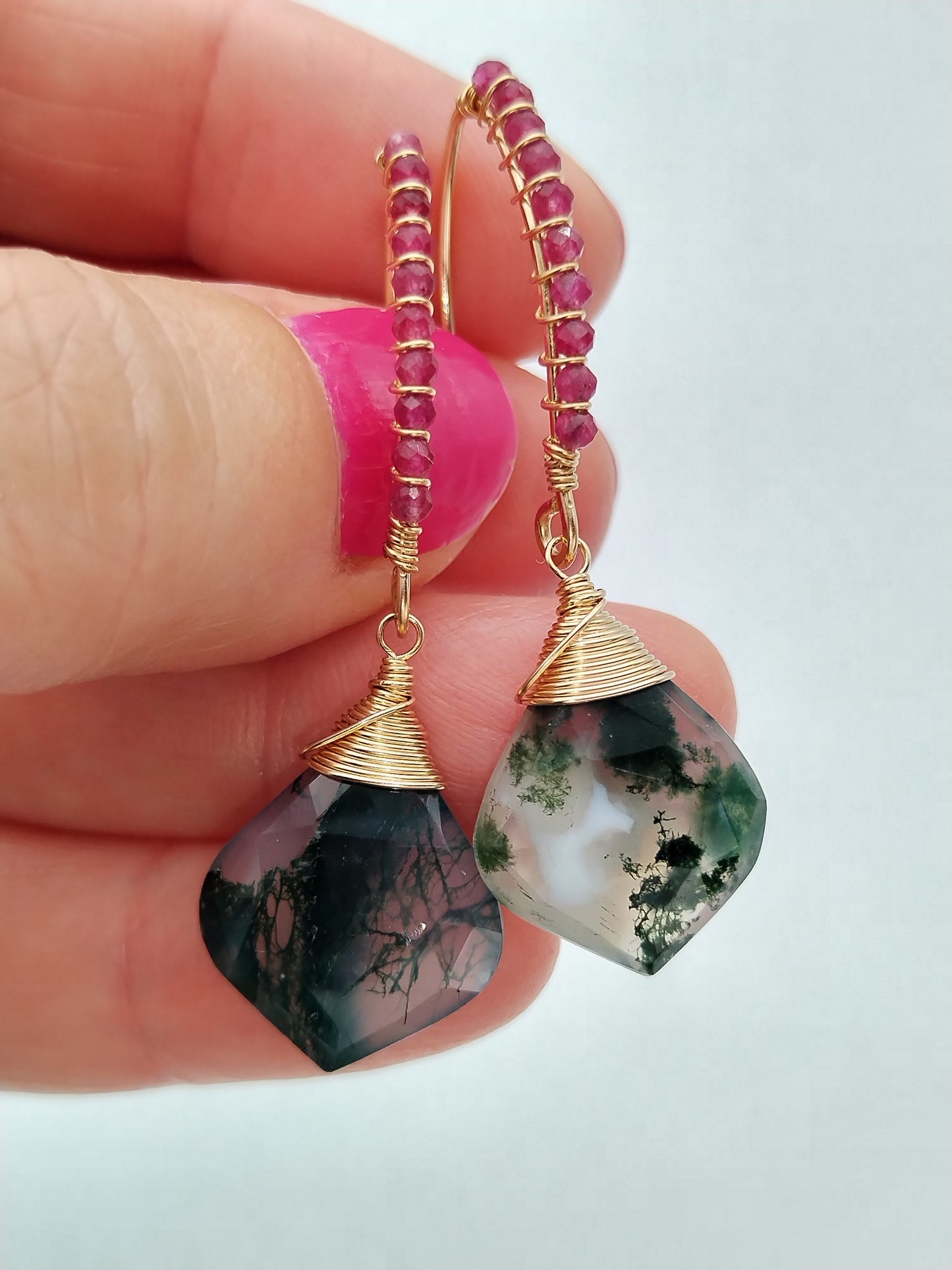 Pendientes colgantes de rubí y ágata musgosa, pendientes con piedras preciosas rellenas de oro de 14 k