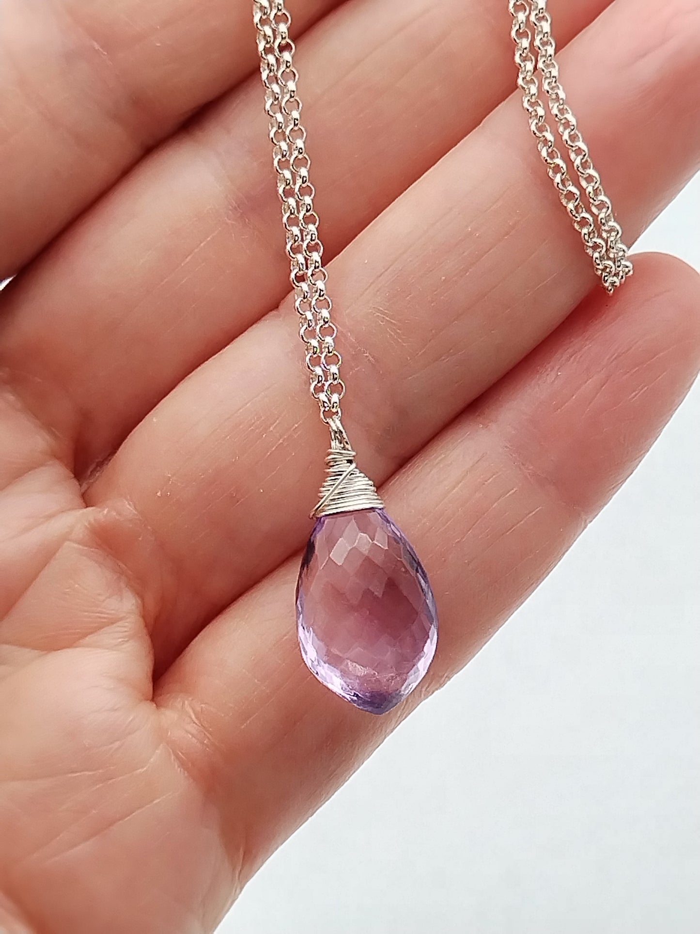 Minimalist Lavender Amethyst Drop Pendant Necklace, Gemstone Dew Sterling Silver Choker