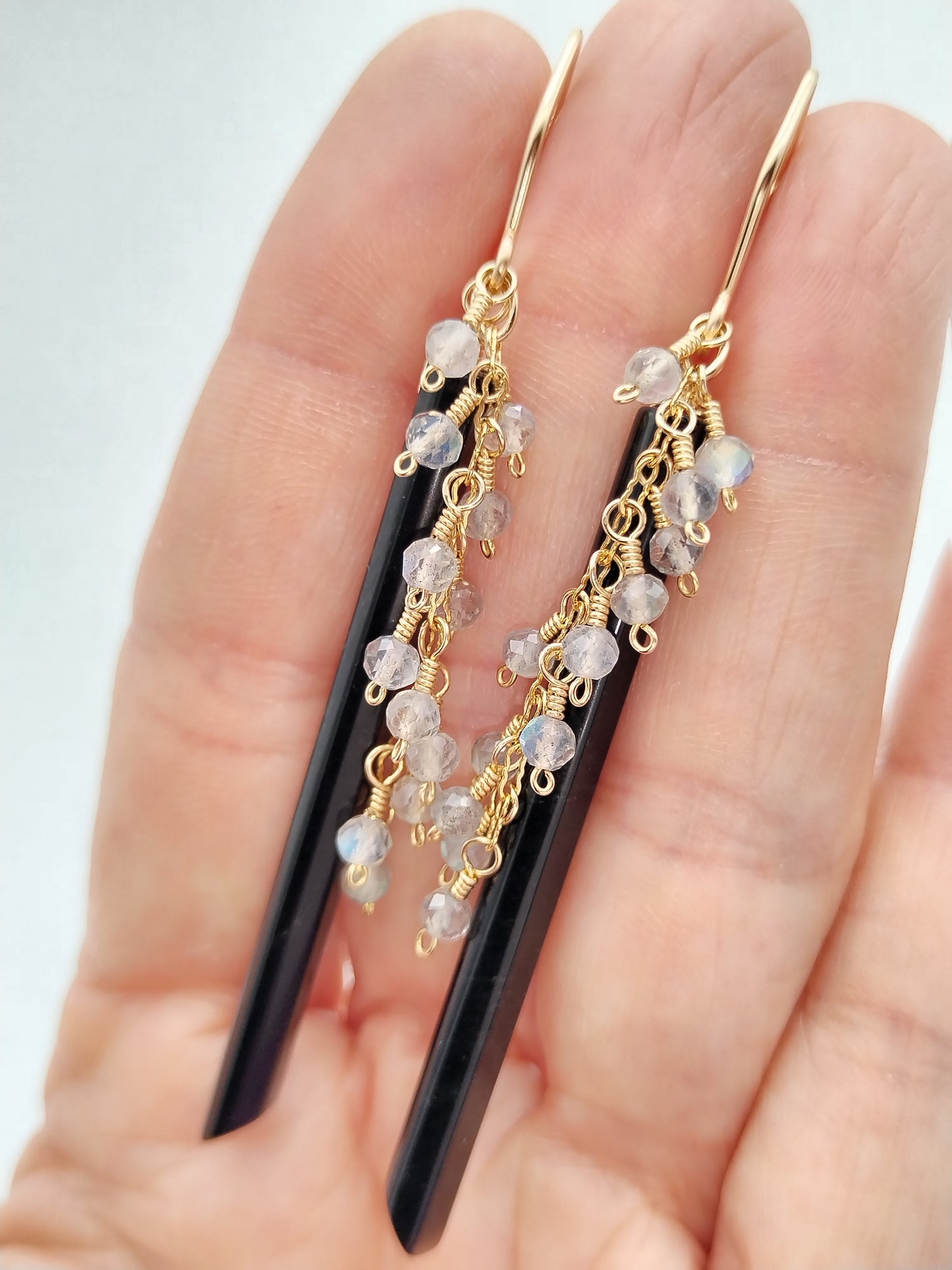 Pendientes colgantes con piedras preciosas, pendientes largos rellenos de oro de 14 k, pendientes de obsidiana, labradorita y perlas, pendientes delicados