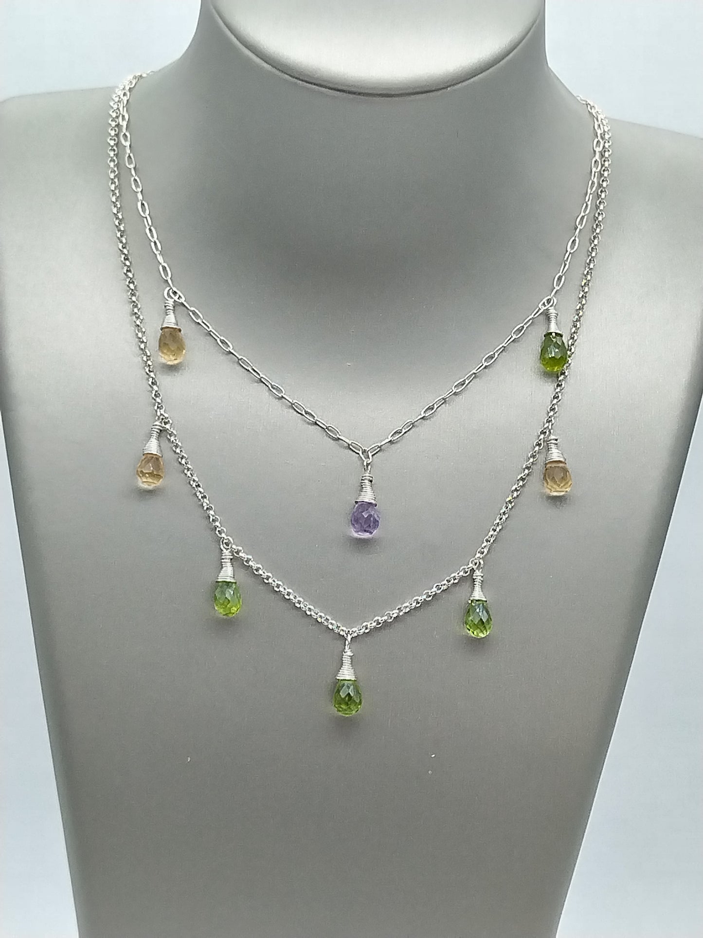 Gemstone Briolette Dangle Necklace, Sterling Silver Necklace, Perdiot, Citrine, Amethyst