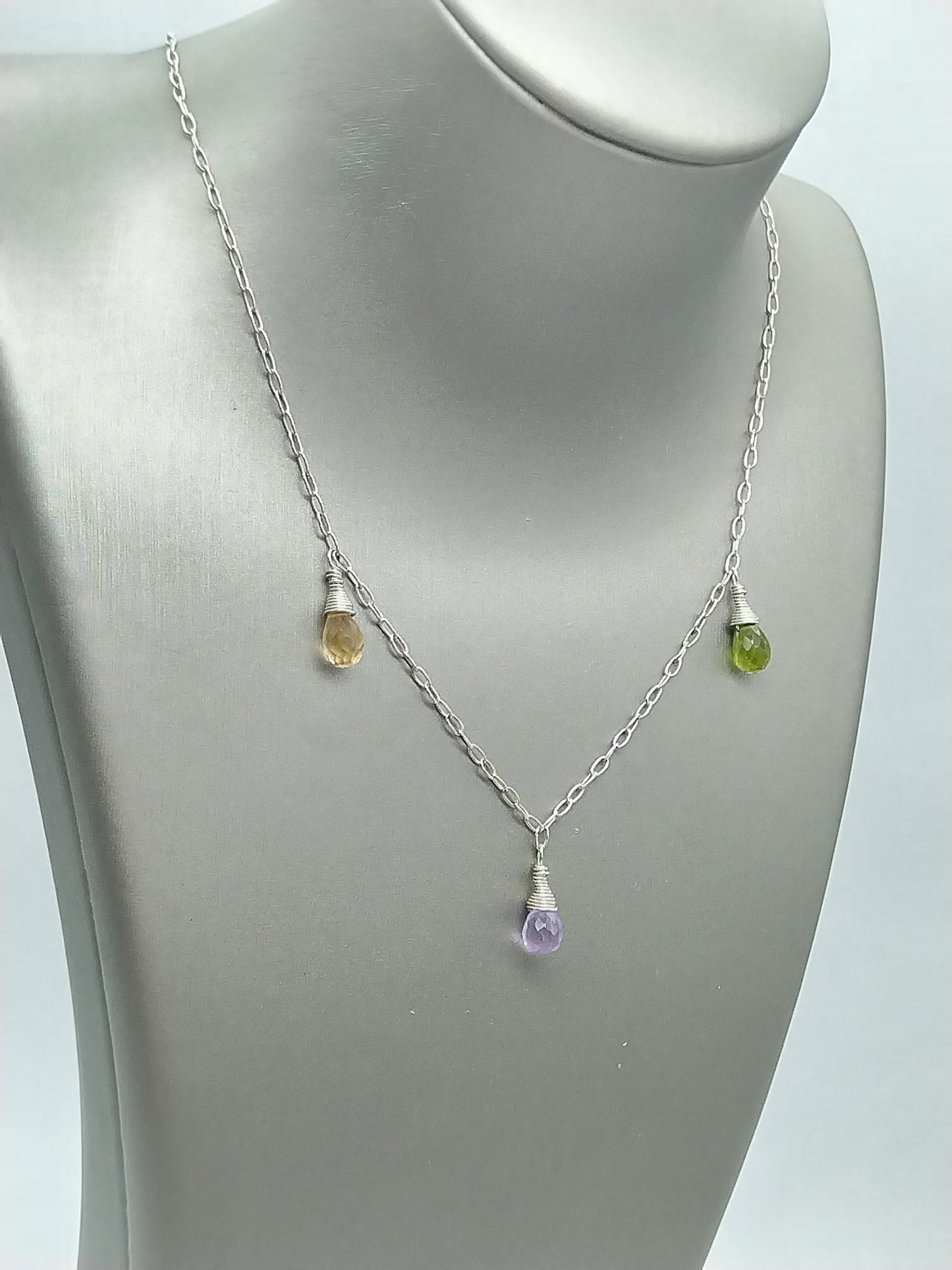 Gemstone Briolette Dangle Necklace, Sterling Silver Necklace, Perdiot, Citrine, Amethyst