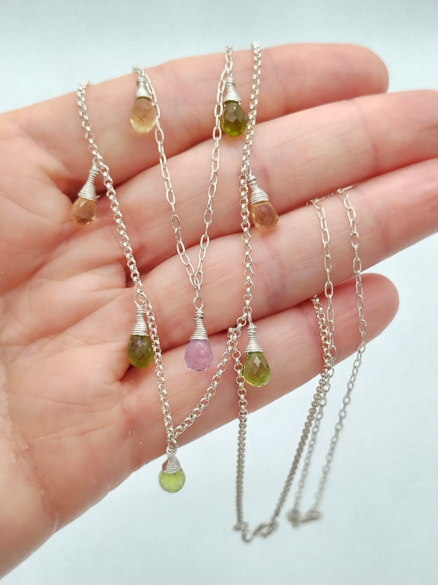 Gemstone Briolette Dangle Necklace, Sterling Silver Necklace, Perdiot, Citrine, Amethyst