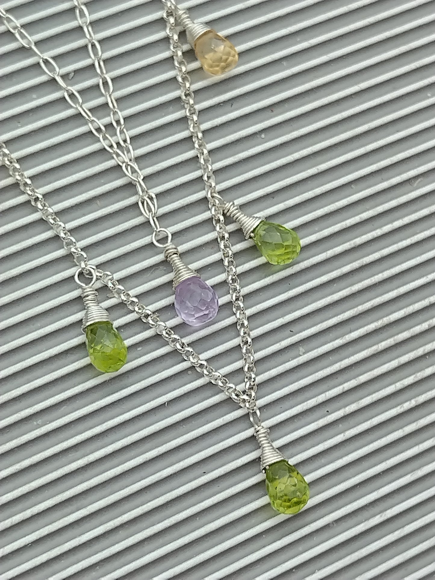 Gemstone Briolette Dangle Necklace, Sterling Silver Necklace, Perdiot, Citrine, Amethyst