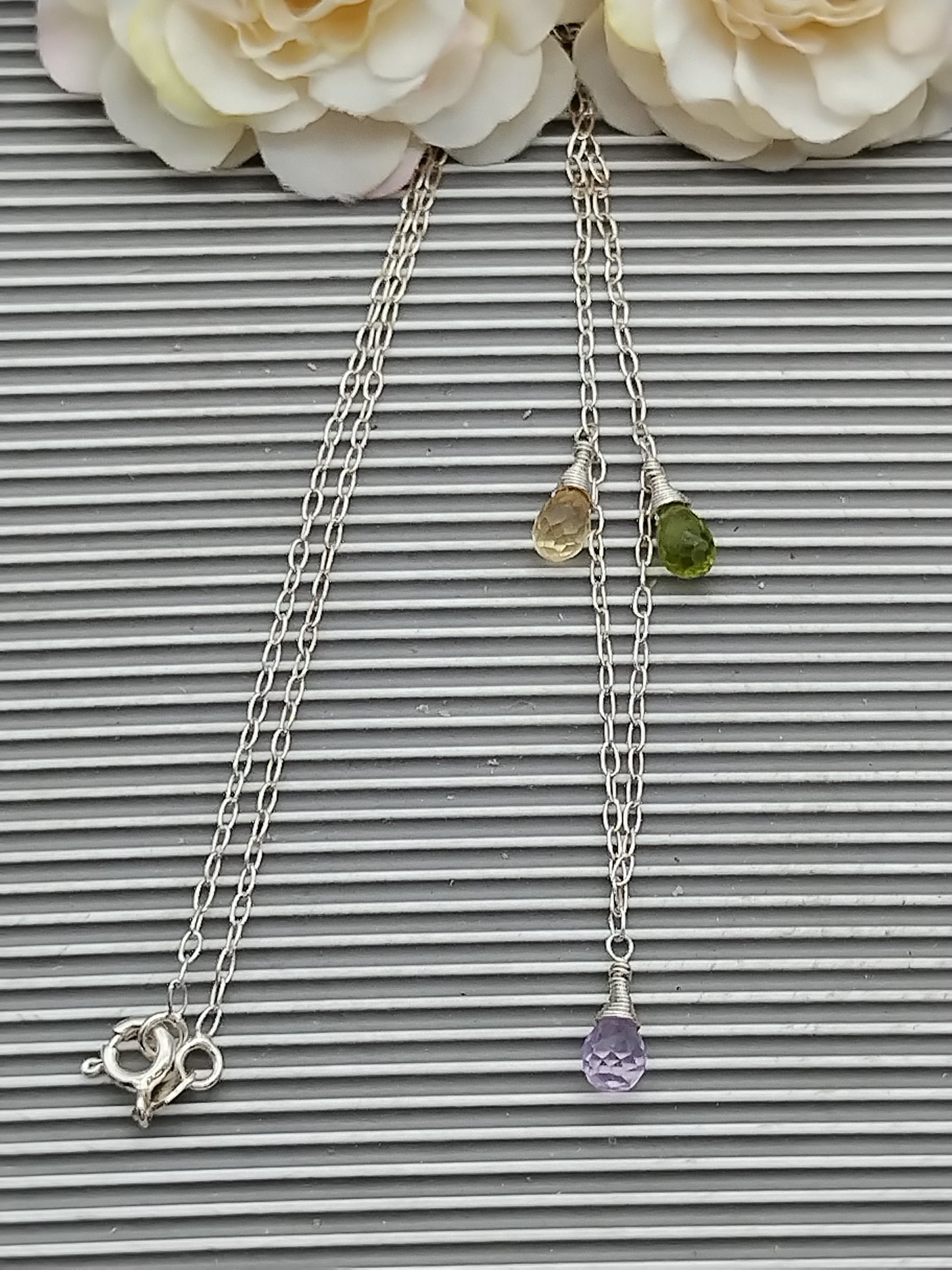 Gemstone Briolette Dangle Necklace, Sterling Silver Necklace, Perdiot, Citrine, Amethyst