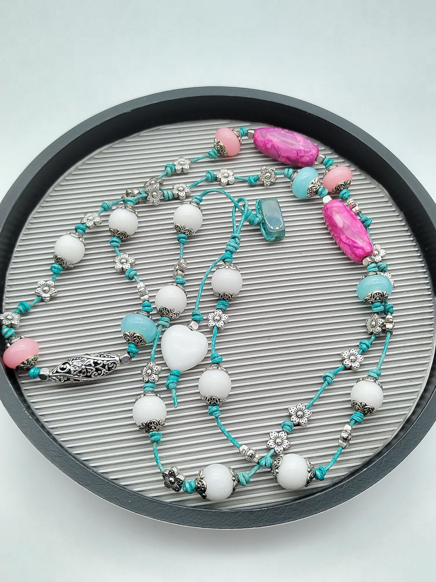 Long Turquoise Leather Necklace, Coral, Agate, Silver Necklace, Boho chic, Layering