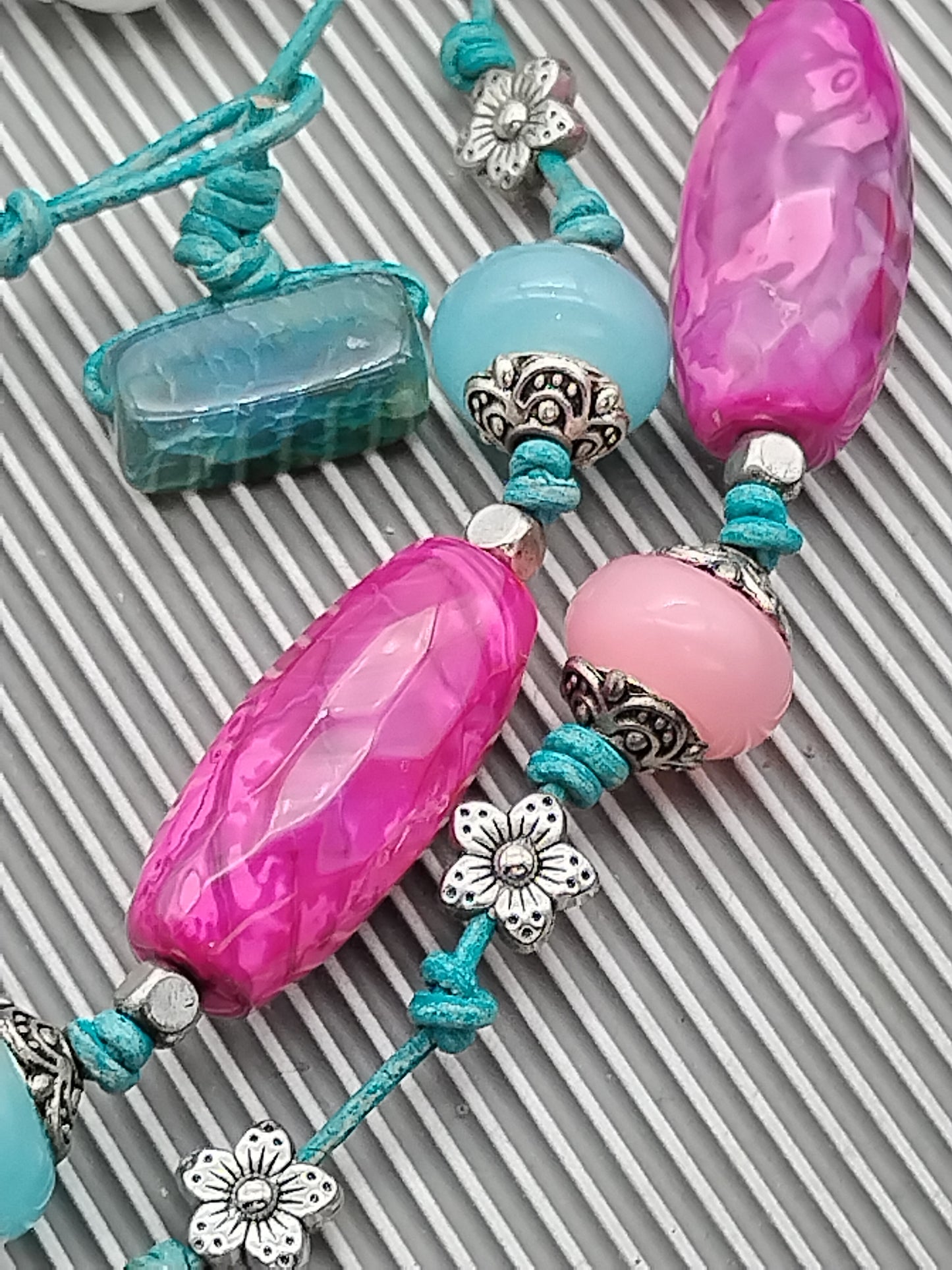 Long Turquoise Leather Necklace, Coral, Agate, Silver Necklace, Boho chic, Layering