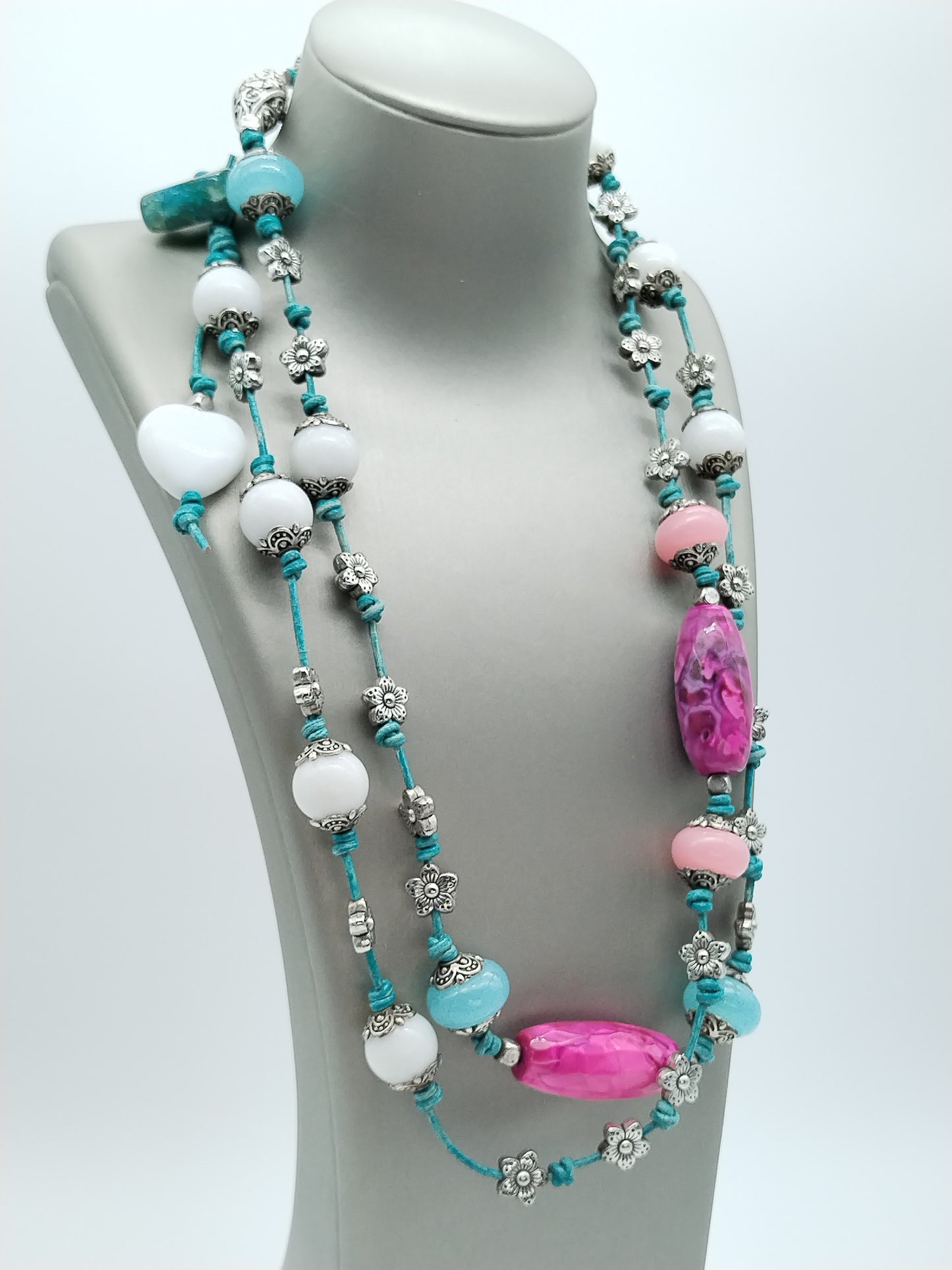 Long Turquoise Leather Necklace, Coral, Agate, Silver Necklace, Boho chic, Layering