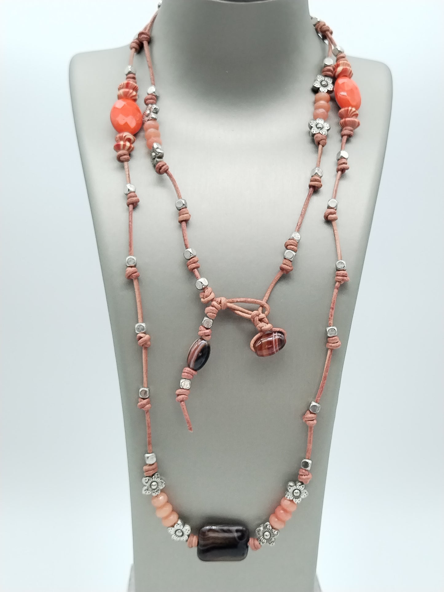Long Brown Leather Necklace, Lace Agates Gemstone, Layering Necklace, Gift for Women, Boho Chic
