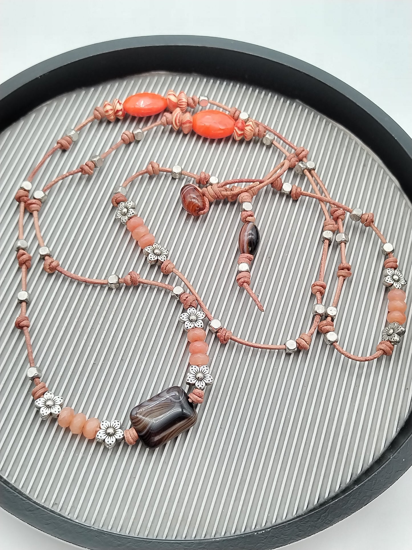 Long Brown Leather Necklace, Lace Agates Gemstone, Layering Necklace, Gift for Women, Boho Chic