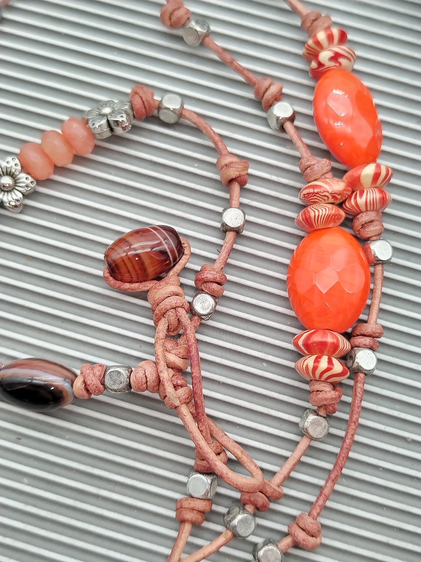Long Brown Leather Necklace, Lace Agates Gemstone, Layering Necklace, Gift for Women, Boho Chic