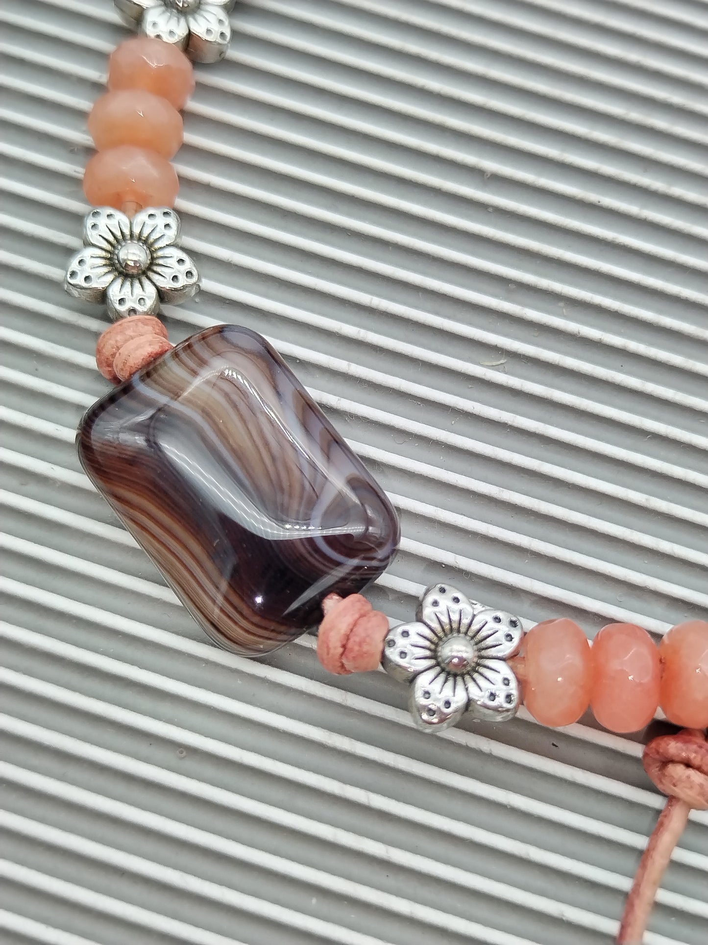 Long Brown Leather Necklace, Lace Agates Gemstone, Layering Necklace, Gift for Women, Boho Chic