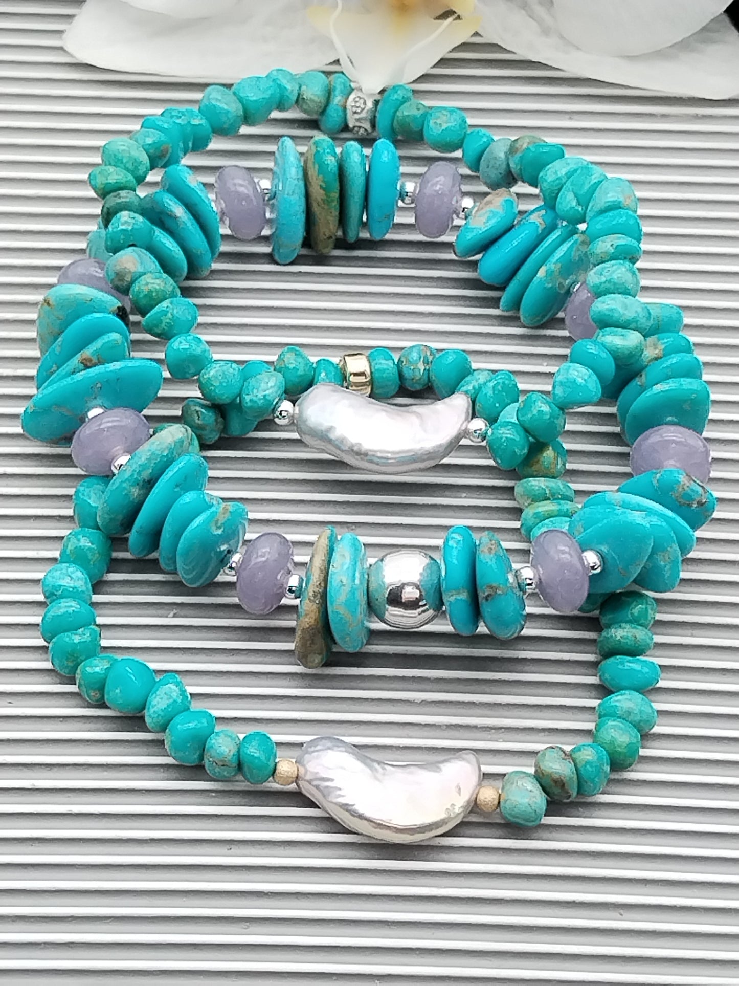 Pulsera de turquesa y lepidolita genuina, pulsera elástica de plata esterlina, joyería para mujer, regalos para ella