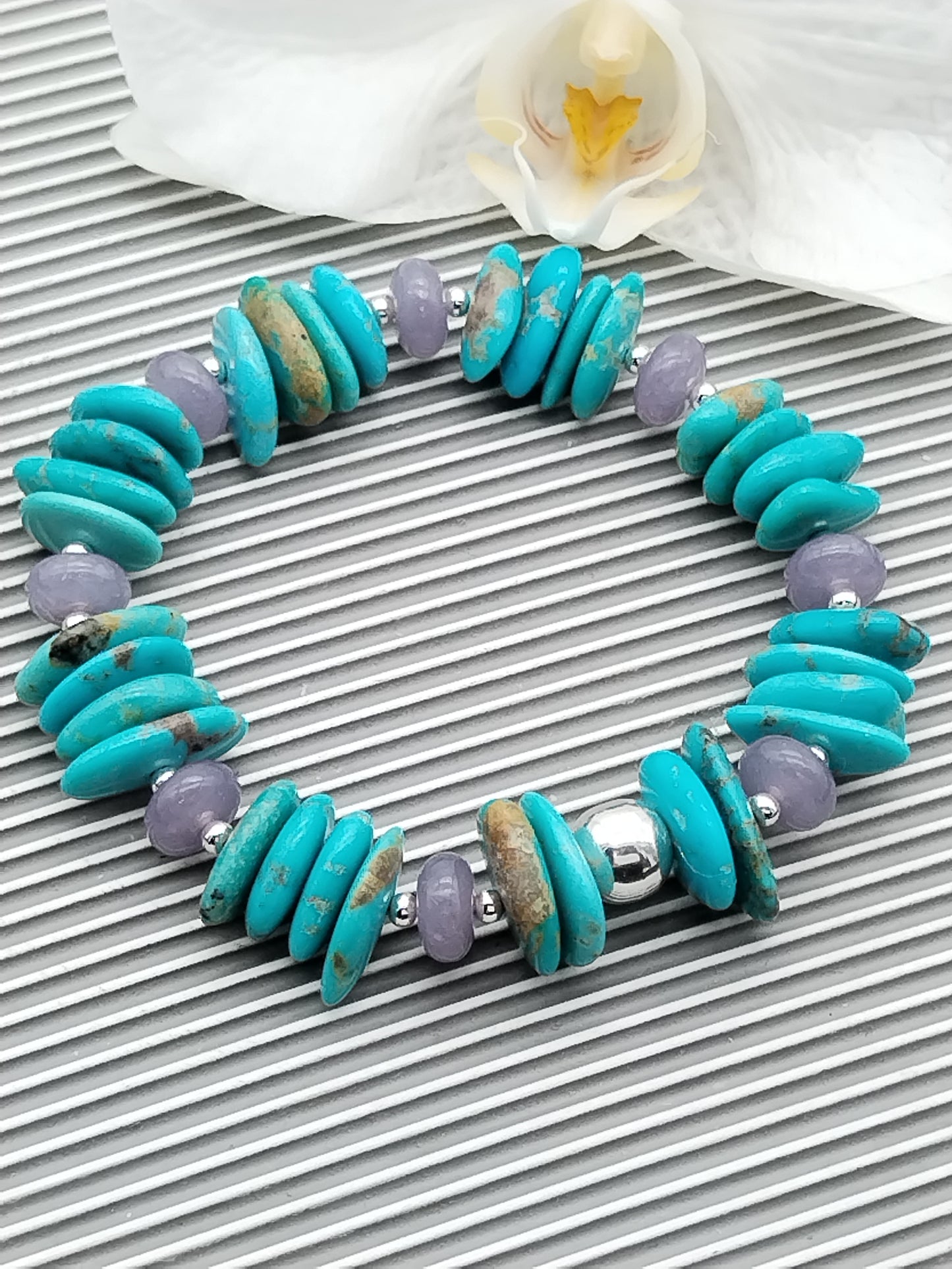 Pulsera de turquesa y lepidolita genuina, pulsera elástica de plata esterlina, joyería para mujer, regalos para ella