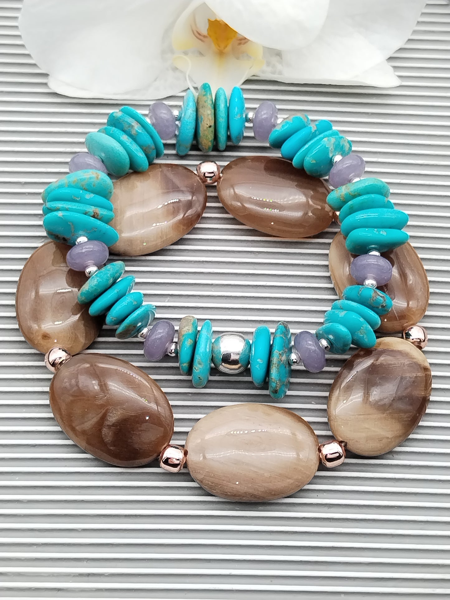 Pulsera de turquesa y lepidolita genuina, pulsera elástica de plata esterlina, joyería para mujer, regalos para ella