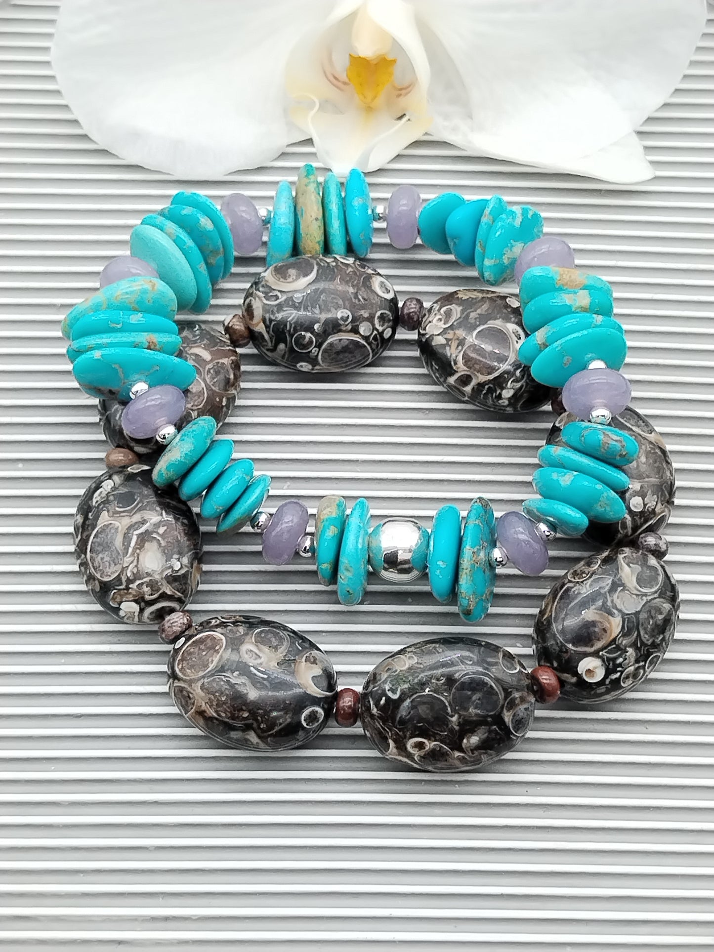Pulsera de turquesa y lepidolita genuina, pulsera elástica de plata esterlina, joyería para mujer, regalos para ella