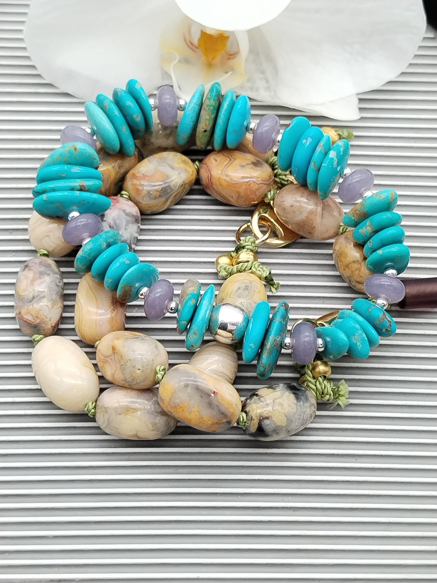 Pulsera de turquesa y lepidolita genuina, pulsera elástica de plata esterlina, joyería para mujer, regalos para ella