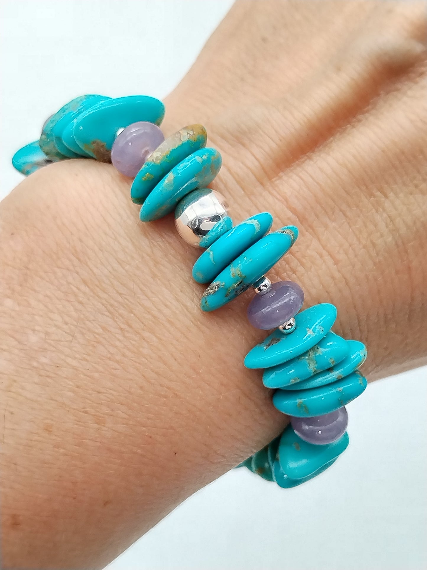 Pulsera de turquesa y lepidolita genuina, pulsera elástica de plata esterlina, joyería para mujer, regalos para ella