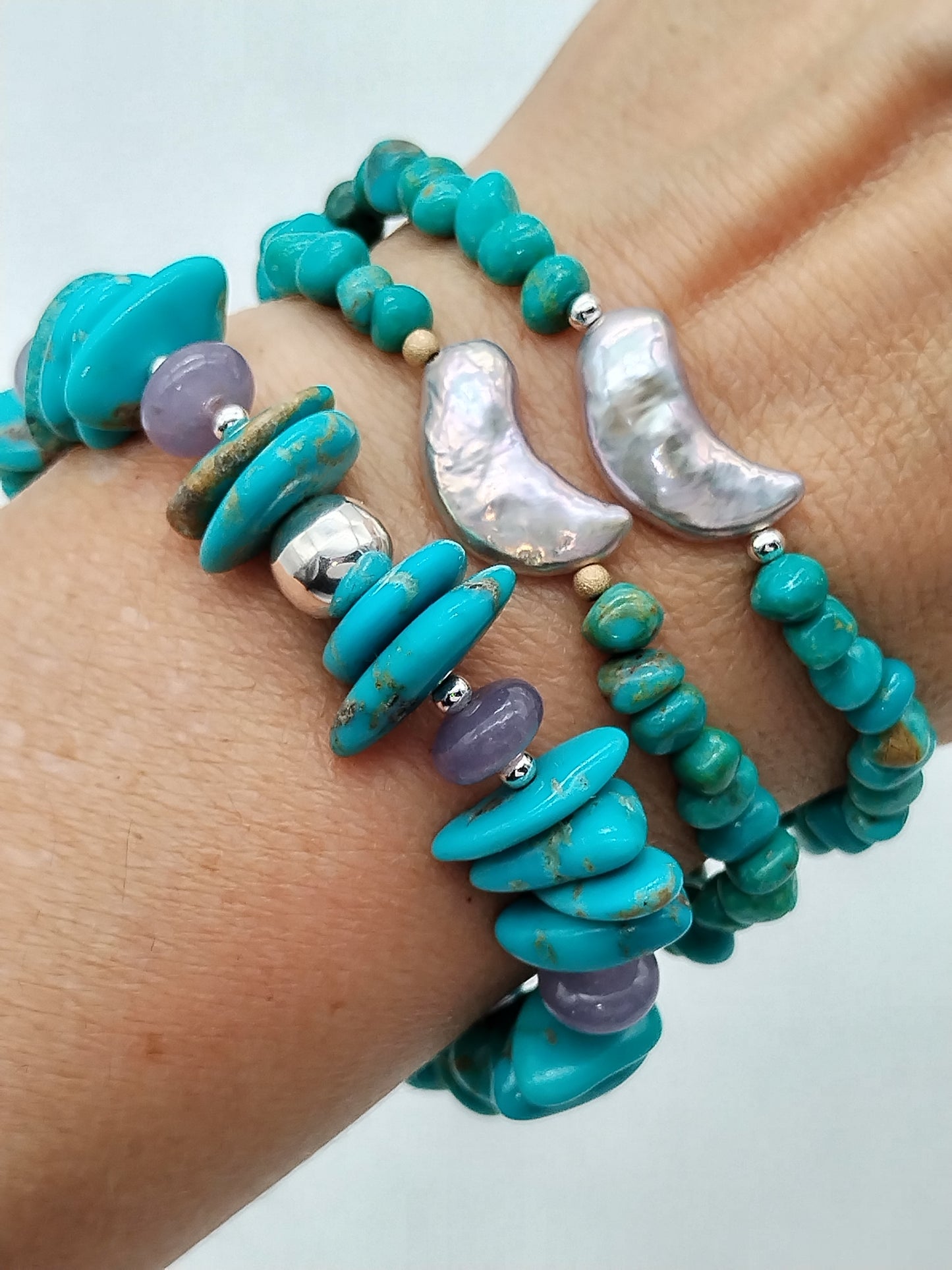 Pulsera de turquesa y lepidolita genuina, pulsera elástica de plata esterlina, joyería para mujer, regalos para ella