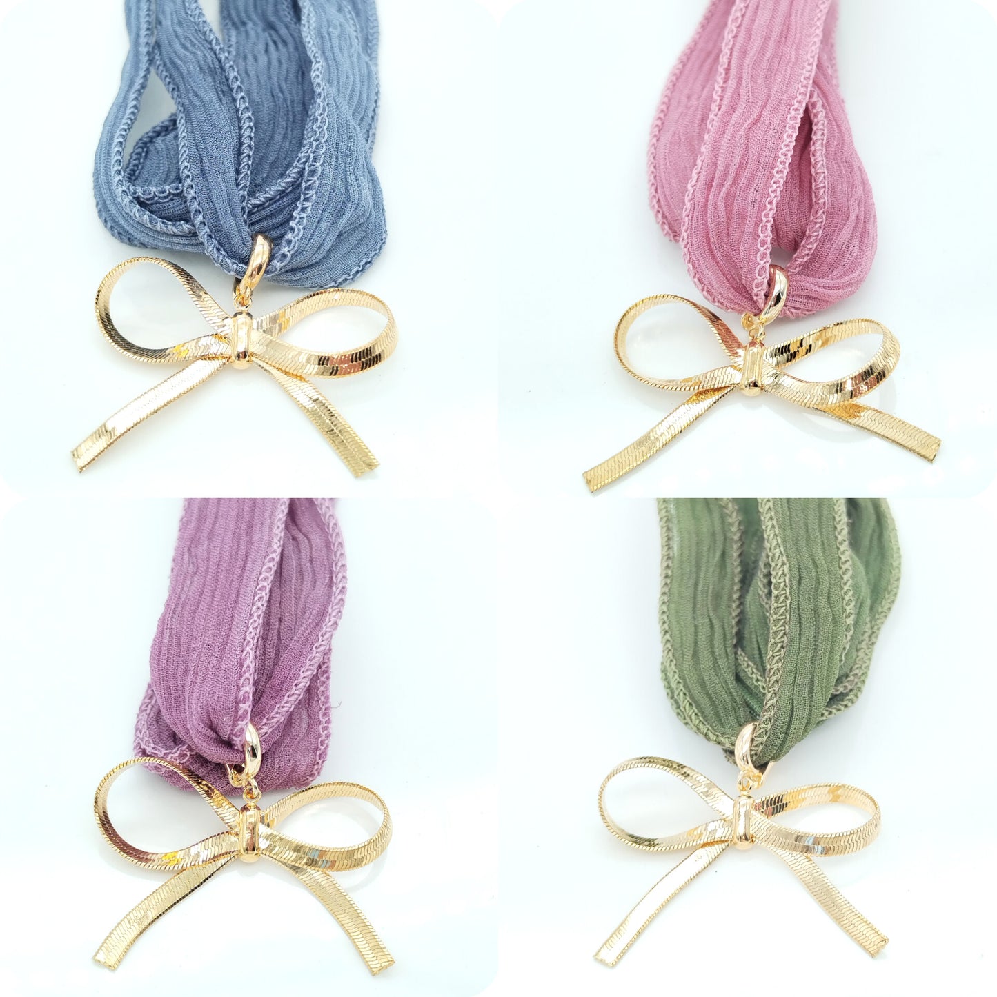 Versatile Pastel Silk Ribbon Tie and Bracelet with Removable Gold Bowknot Charm