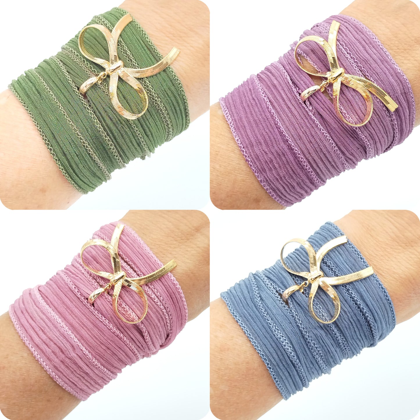 Four pastel silk ribbon bracelets with removable gold bow charms in pink, blue, lavender and mint