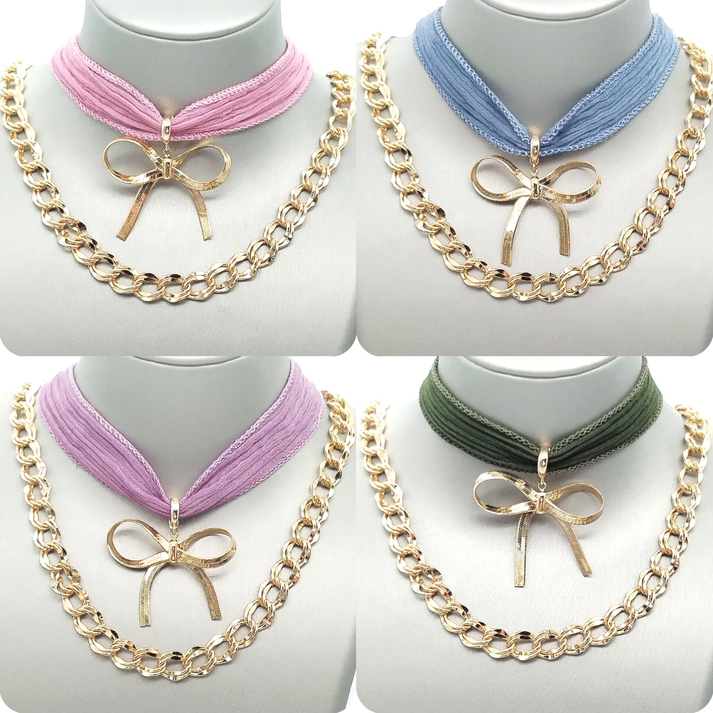 Versatile Pastel Silk Ribbon Tie and Bracelet with Removable Gold Bowknot Charm