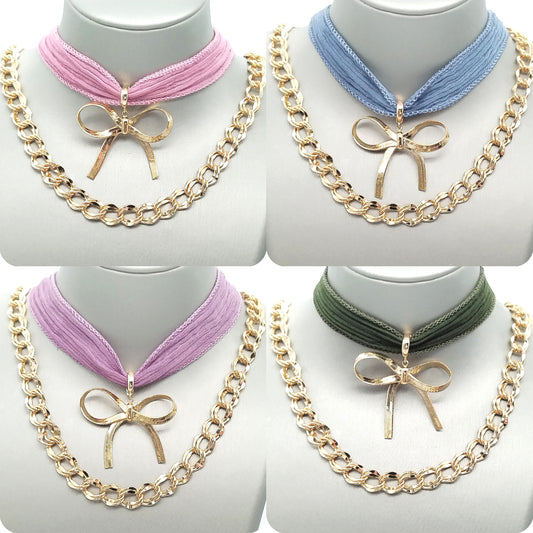 Versatile Pastel Silk Ribbon Tie and Bracelet with Removable Gold Bowknot Charm