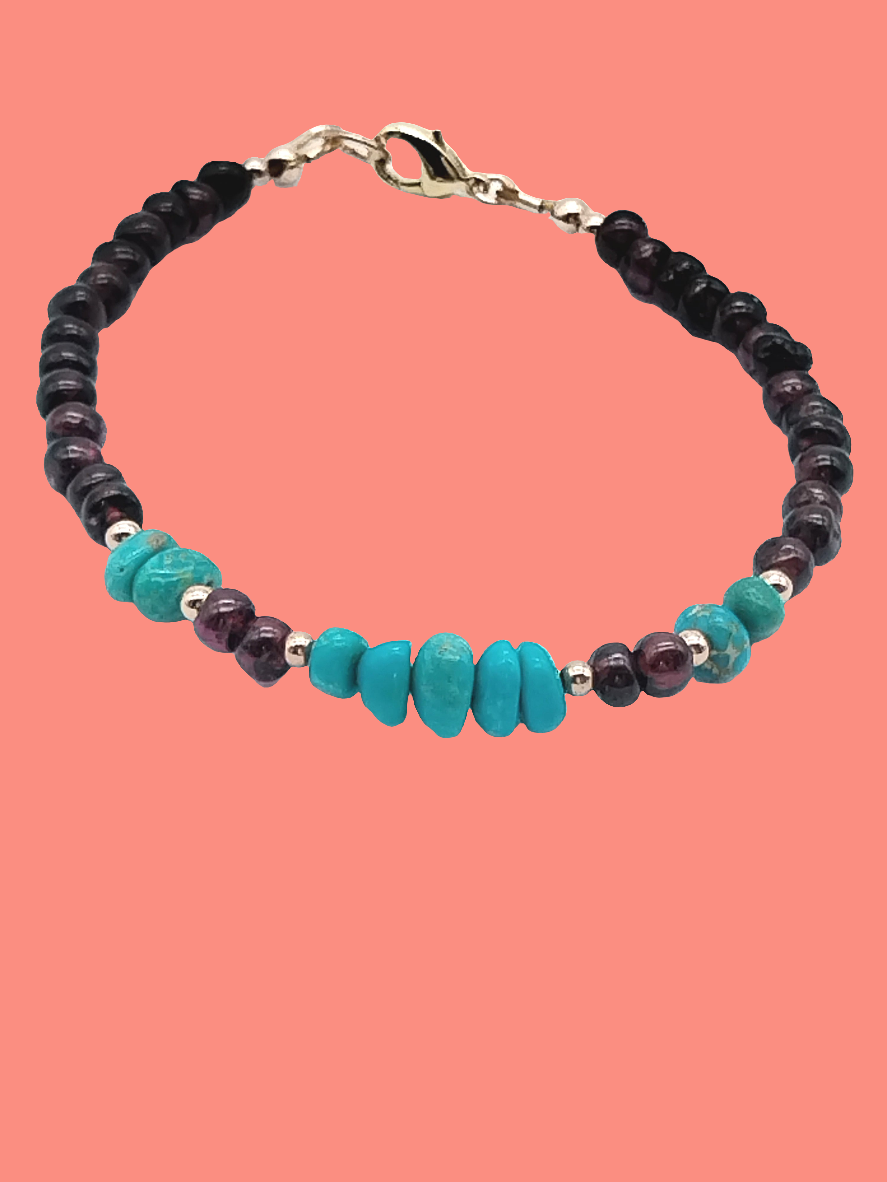 Pulsera de turquesa y granate, pepitas de piedra preciosa, chapada en oro de 14 k, oro rosa, mujer, joyería, estilo bohemio