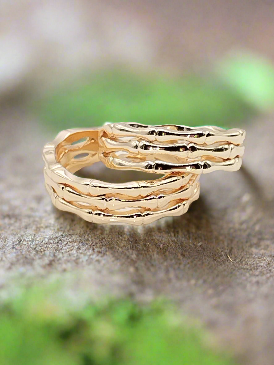 Bamboo gold ring lifestyle image - elegant adjustable triple band statement ring