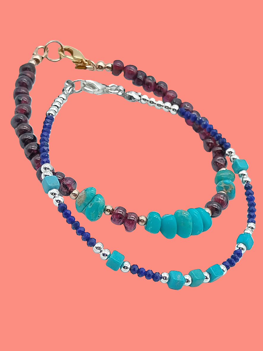 Pulsera de turquesa y granate, pepitas de piedra preciosa, chapada en oro de 14 k, oro rosa, mujer, joyería, estilo bohemio
