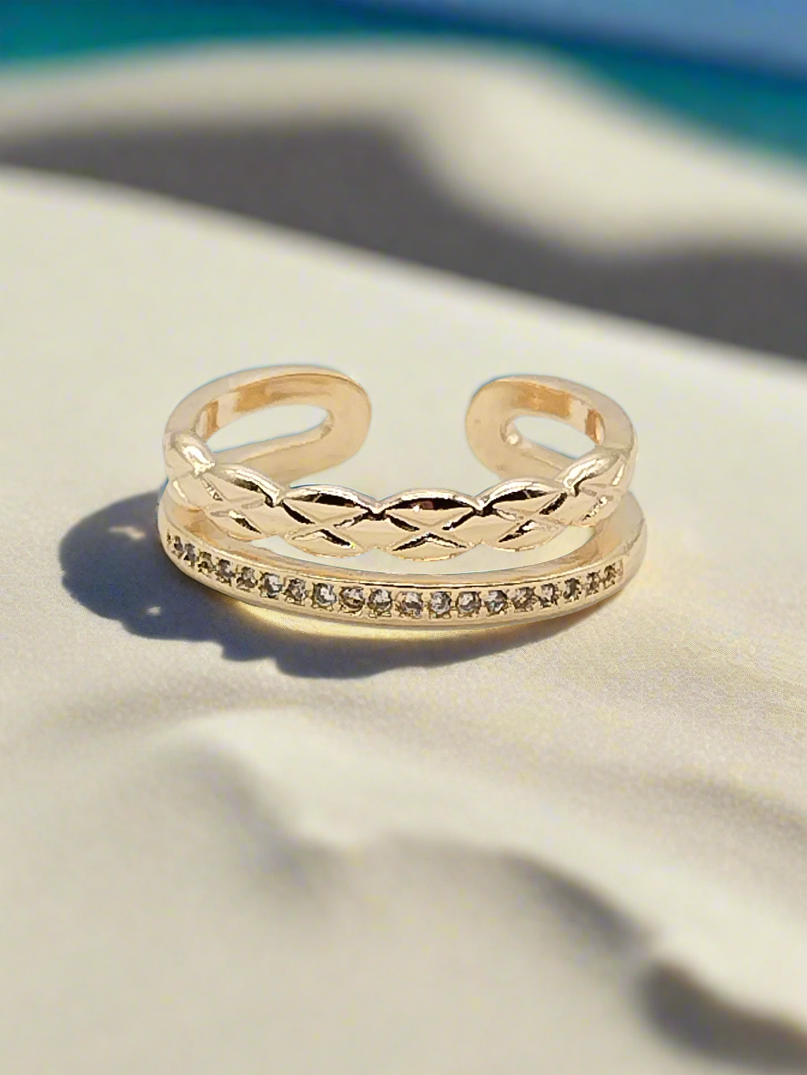 Anillo de doble banda, oro de 18 quilates, circonita cúbica, trenzado, apilable, tendencia, ajustable, regalos, joyas, mujeres