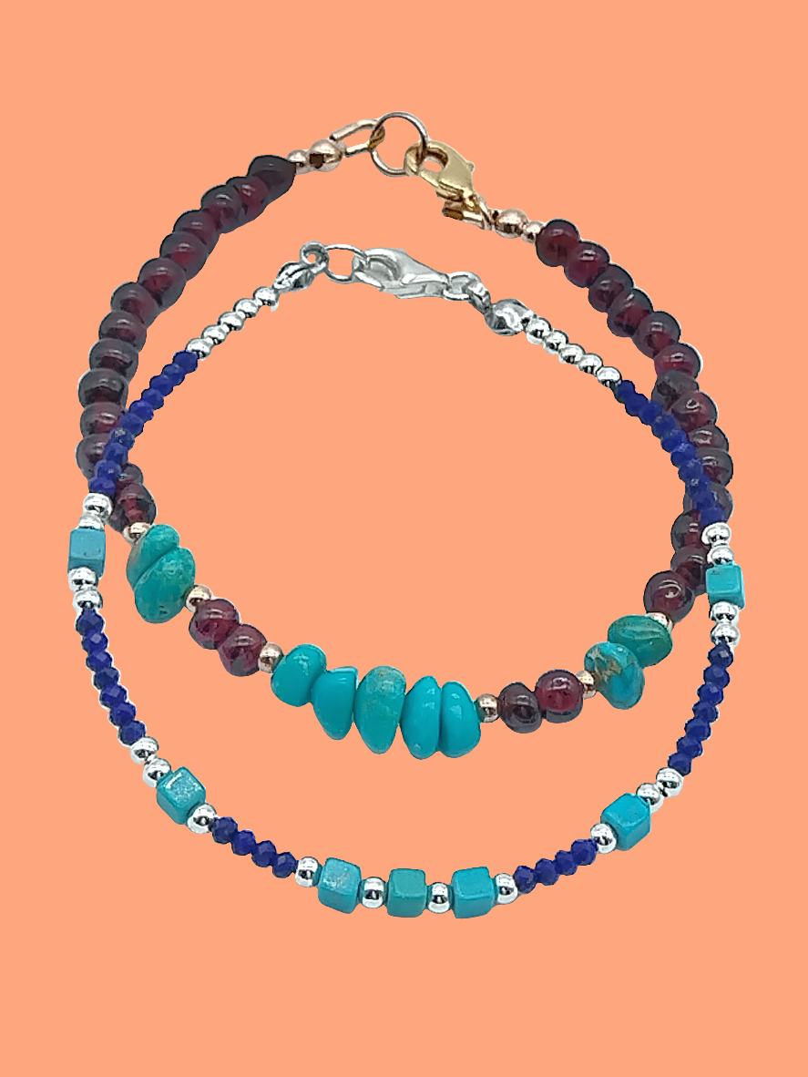 Pulsera de turquesa y granate, pepitas de piedra preciosa, chapada en oro de 14 k, oro rosa, mujer, joyería, estilo bohemio