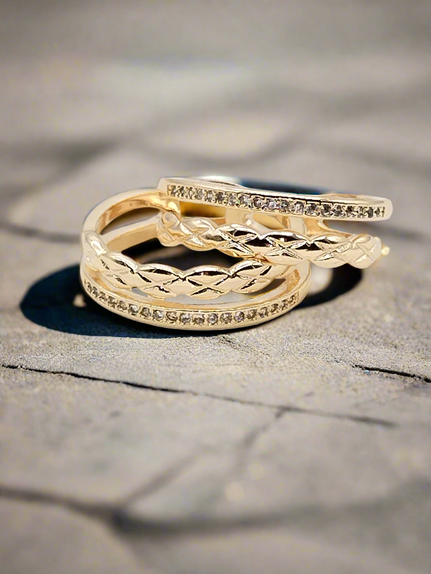 Anillo de doble banda, oro de 18 quilates, circonita cúbica, trenzado, apilable, tendencia, ajustable, regalos, joyas, mujeres