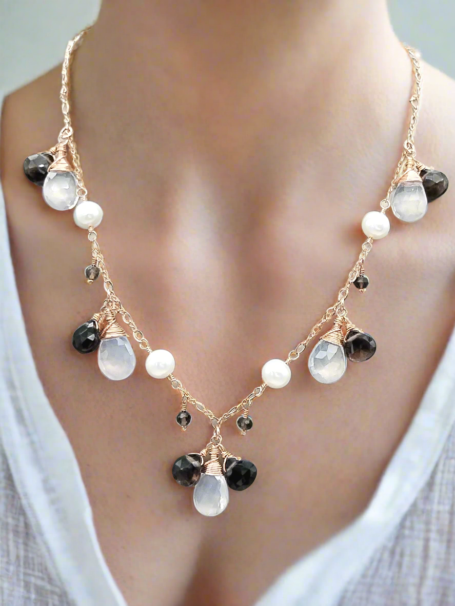 Rose Gold Dangling Quartz & Freshwater Pearls Necklace