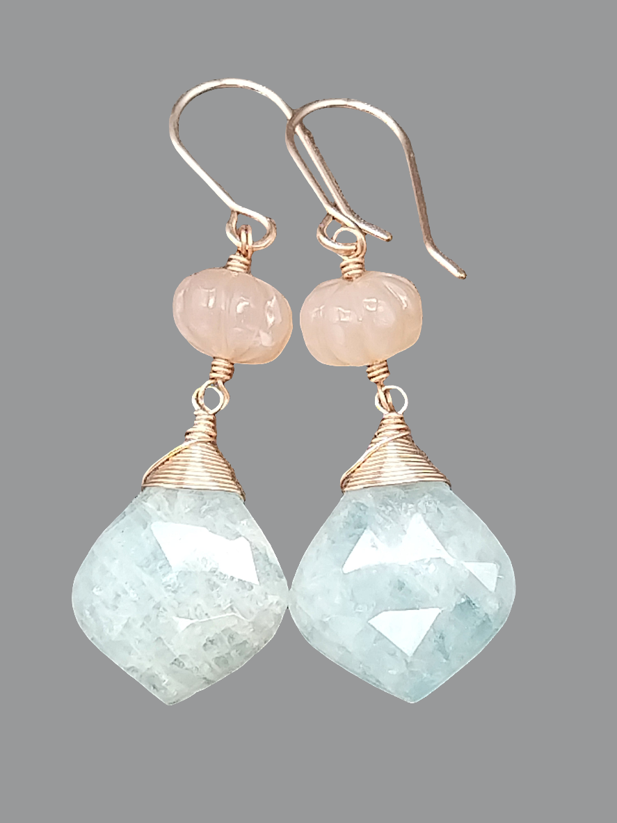 Long Aquamarine and Peachy Moonstone Dangle Rose Gold Earrings
